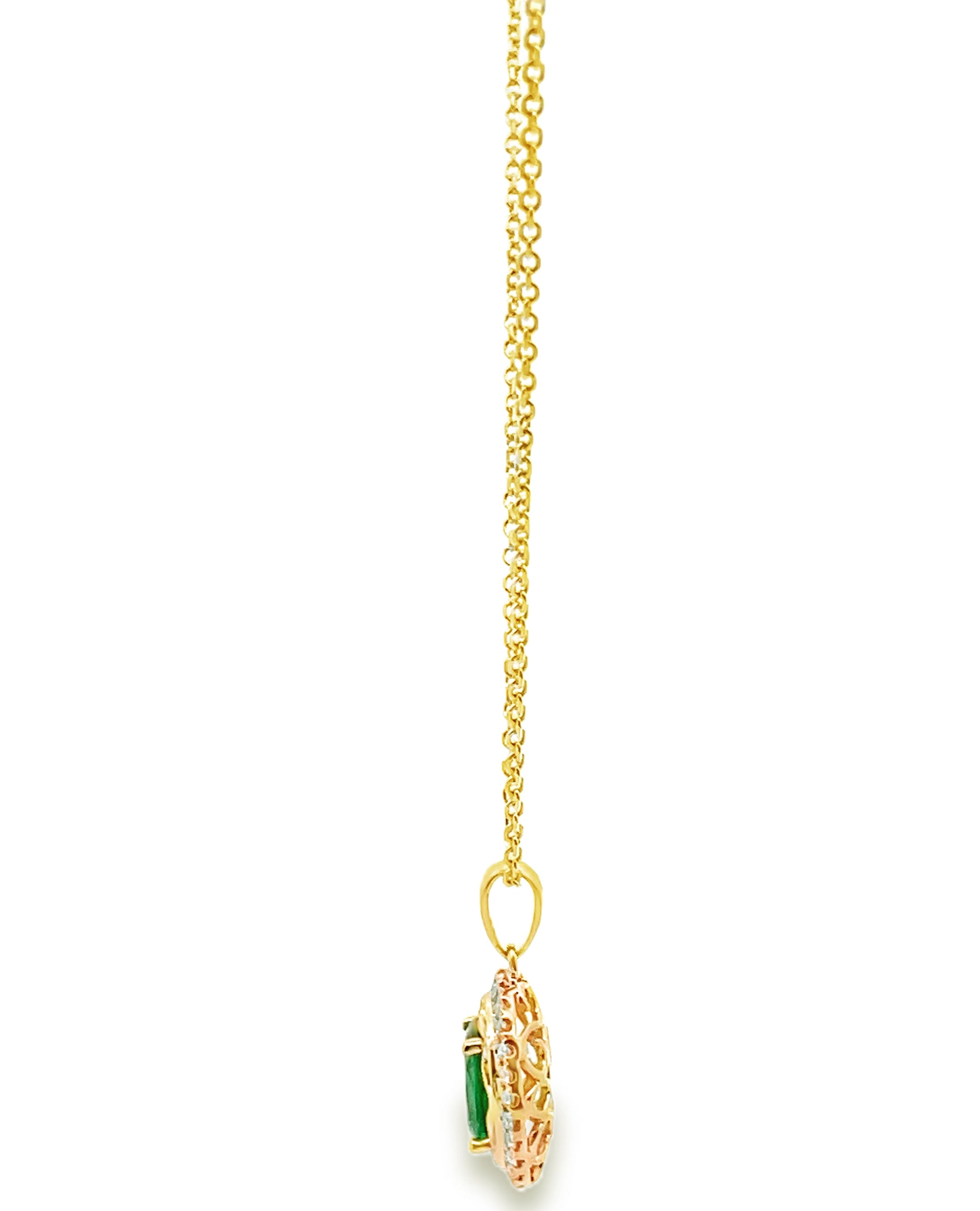 14K Yellow Gold Emerald & Diamond Fancy Pendant Necklace