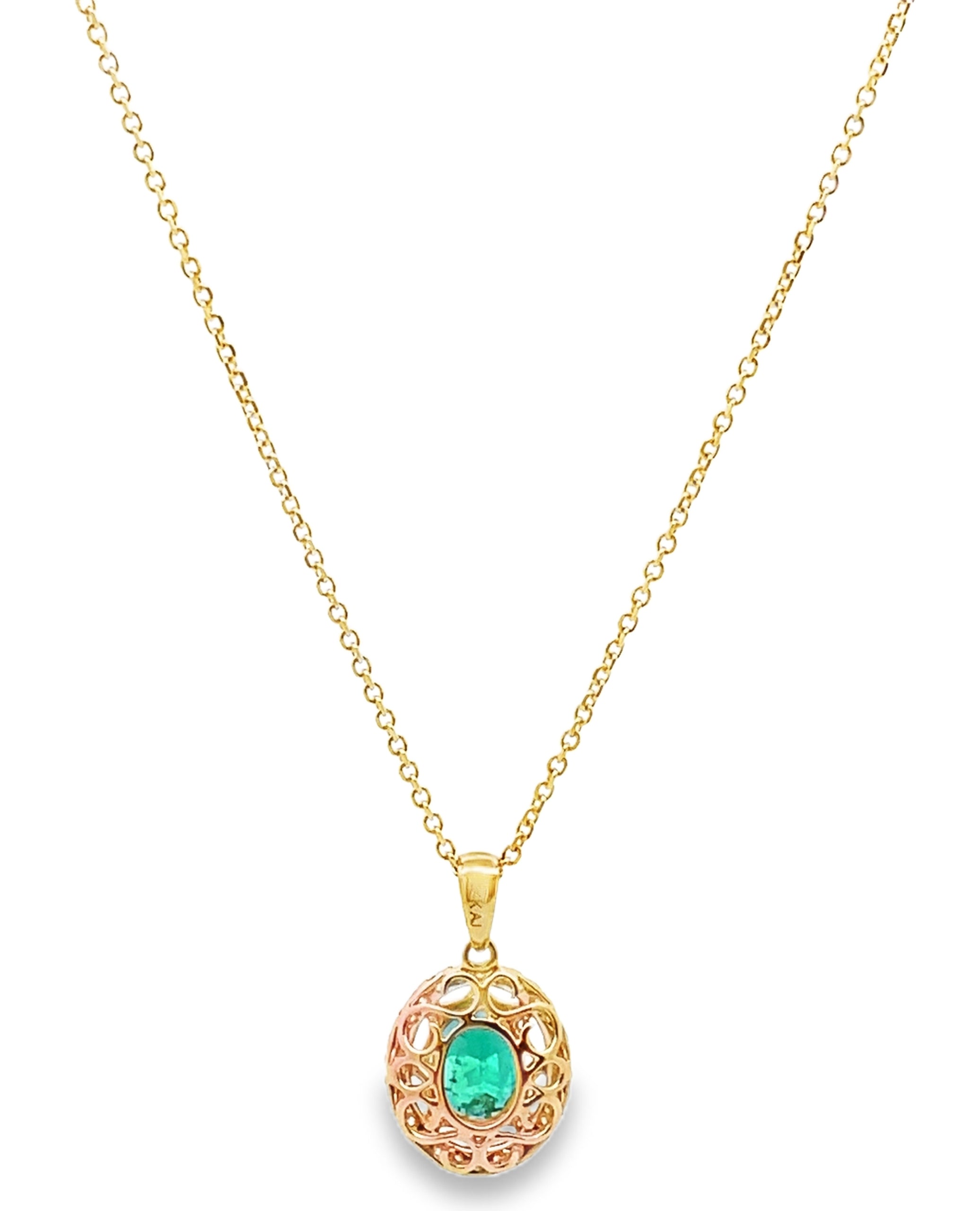 14K Yellow Gold Emerald & Diamond Fancy Pendant Necklace
