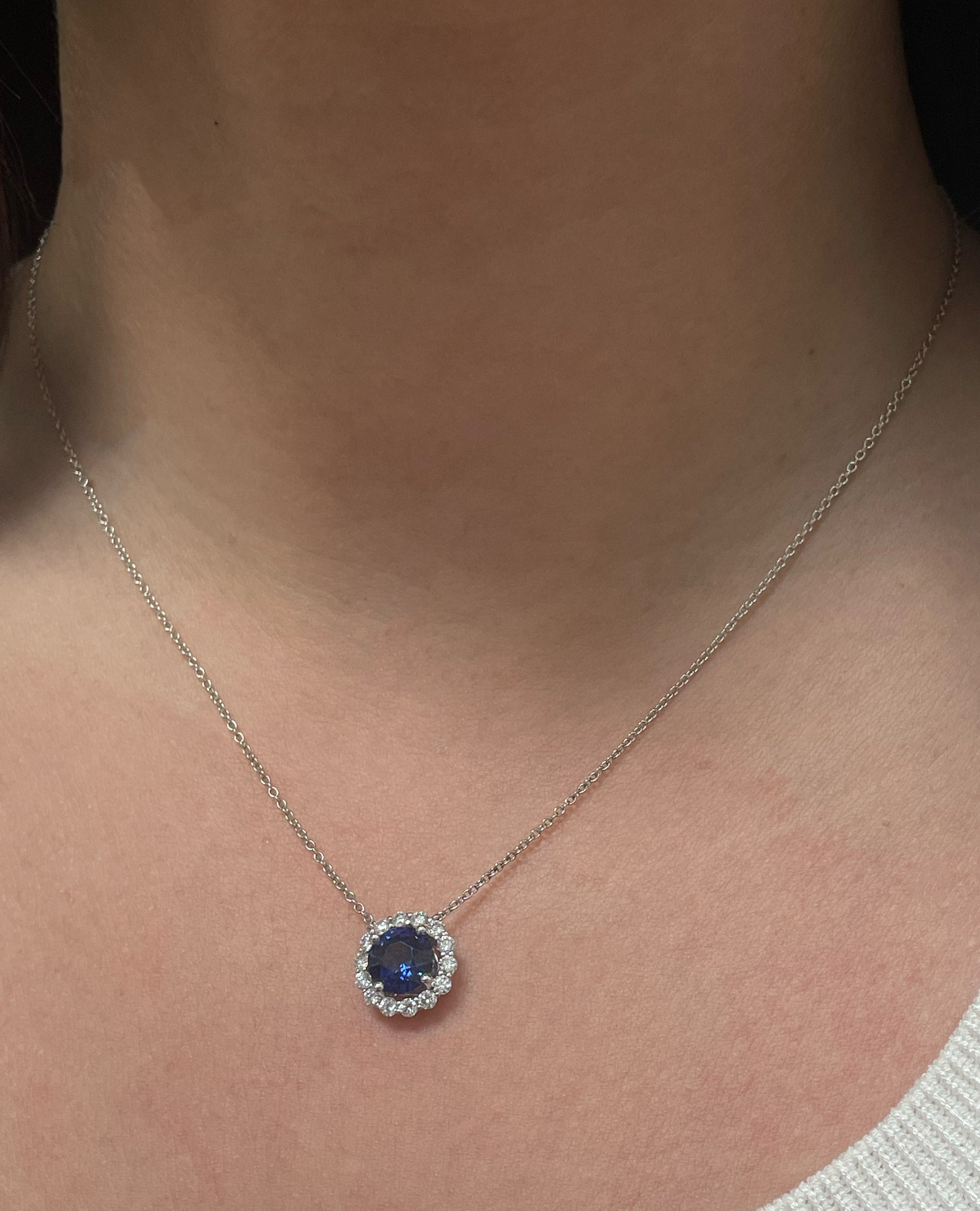 1.95 Ct Sapphire Set in 18K White Gold Pendant Necklace with Adjustable Length 16, 17, 18 Inches