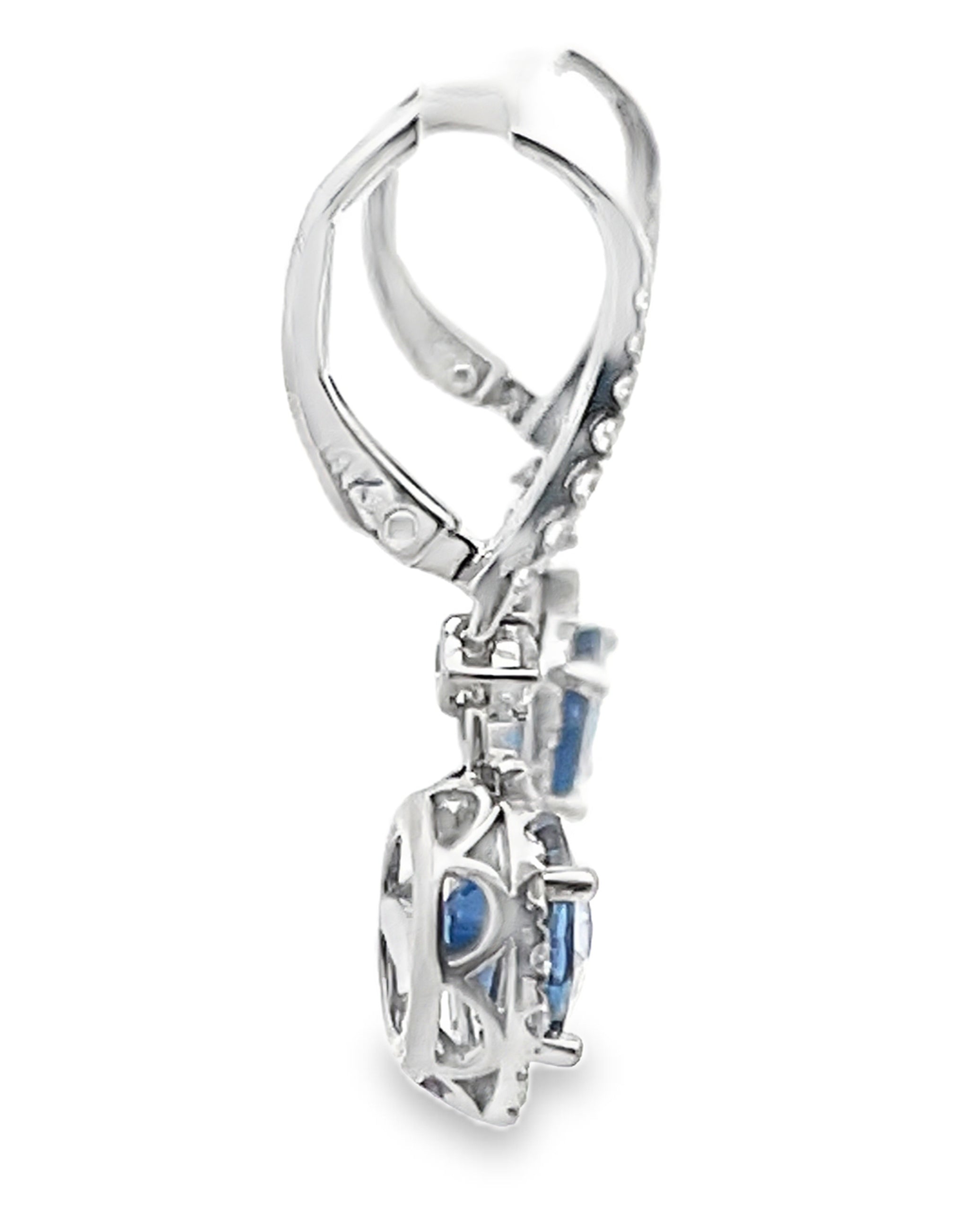 2.86 Ct Sapphire Round Drop Earrings in 14K White Gold with Halo Diamonds 0.55 Ct