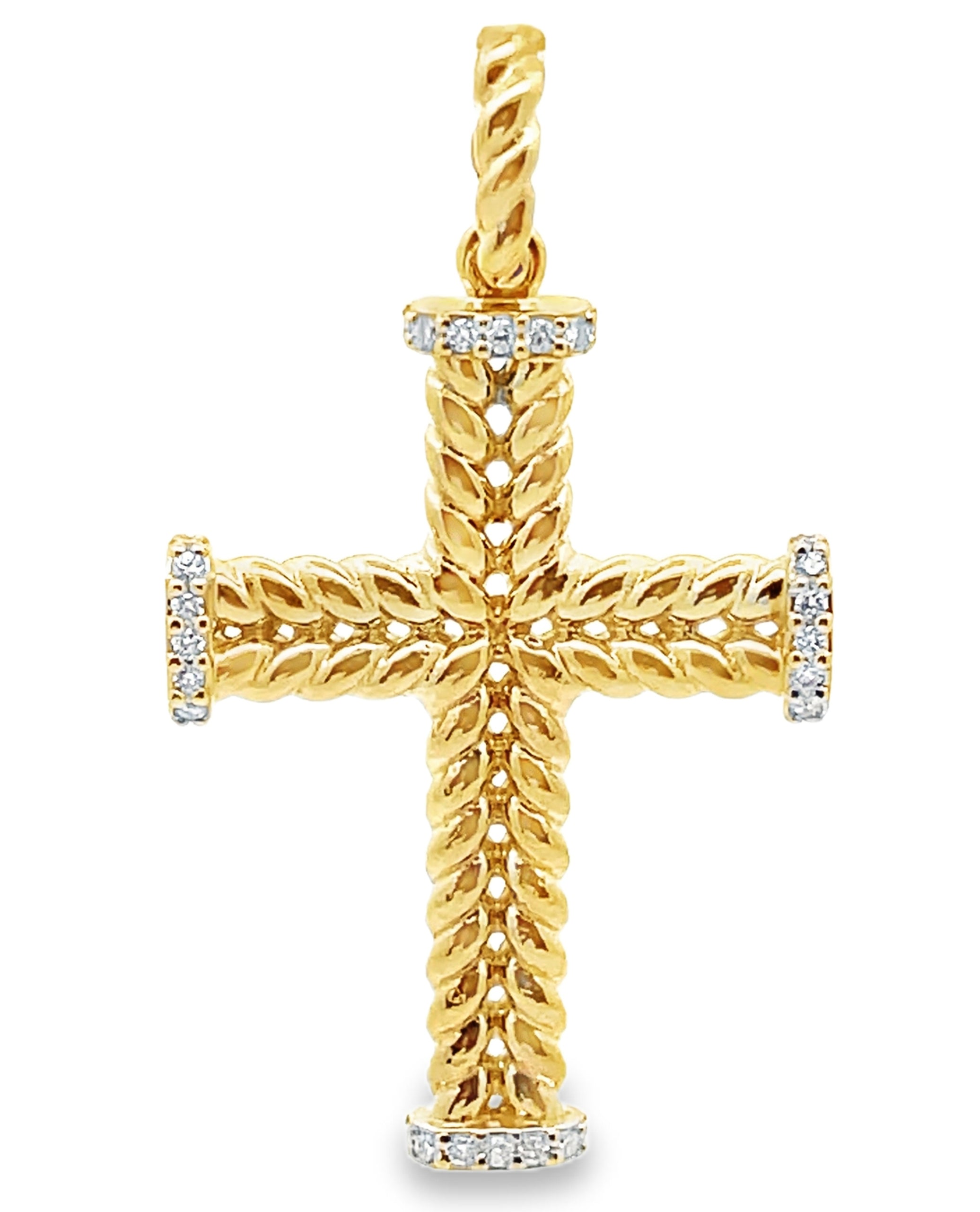 14K Yellow Gold Textured Cross with 0.18 Carat Diamonds