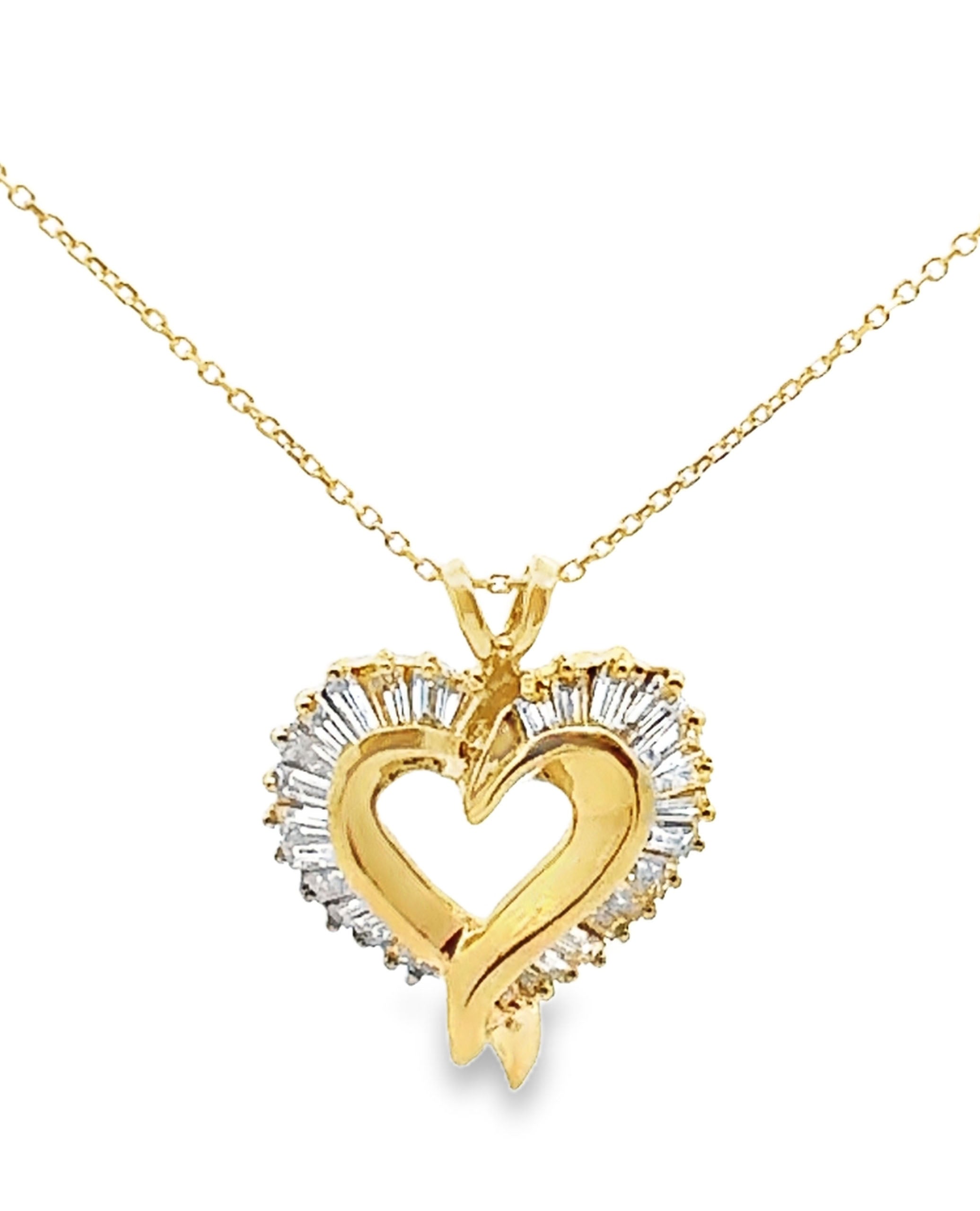 14K Yellow Gold 1.5 Carat Baguette Diamond Heart Pendant Necklace