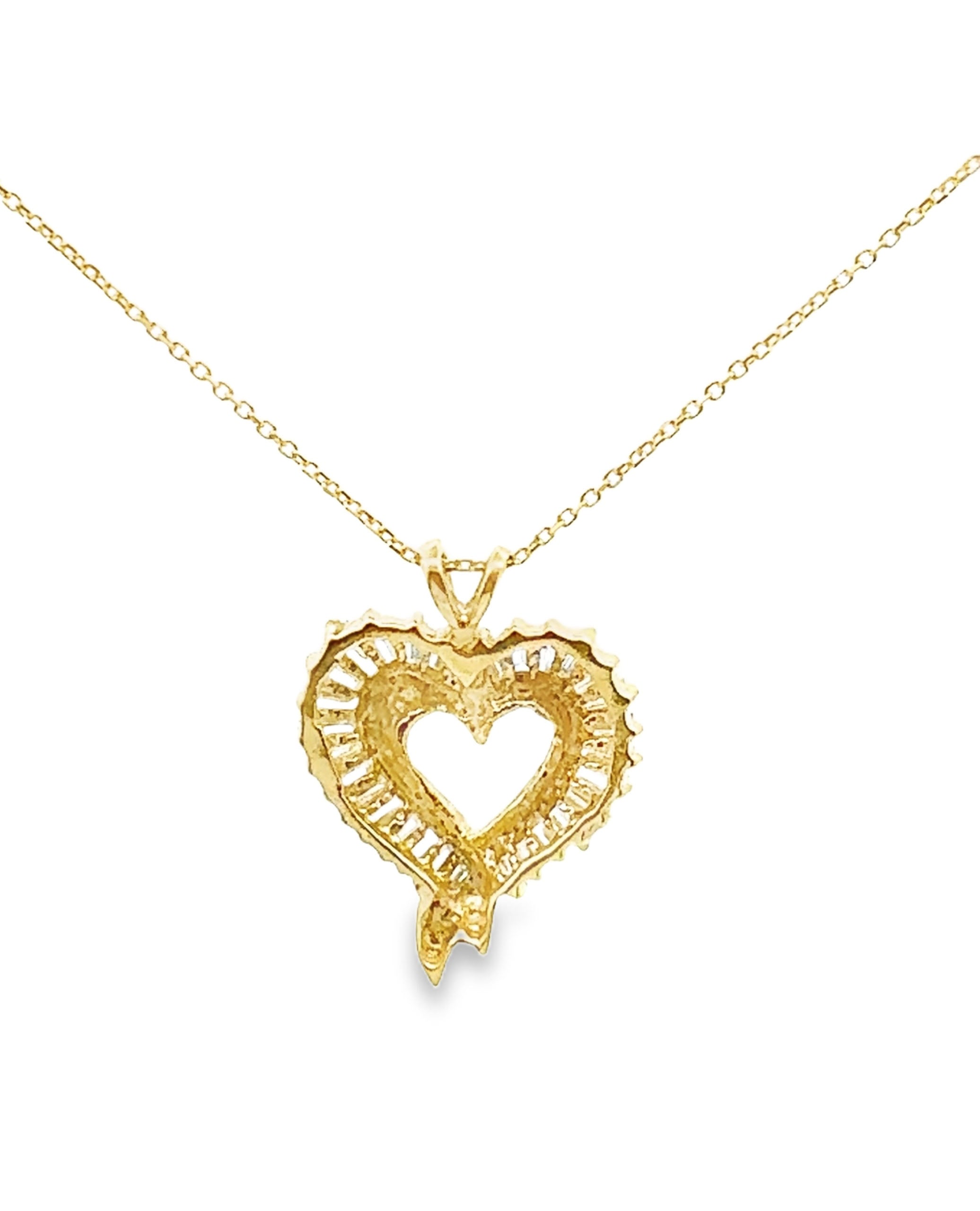 14K Yellow Gold 1.5 Carat Baguette Diamond Heart Pendant Necklace