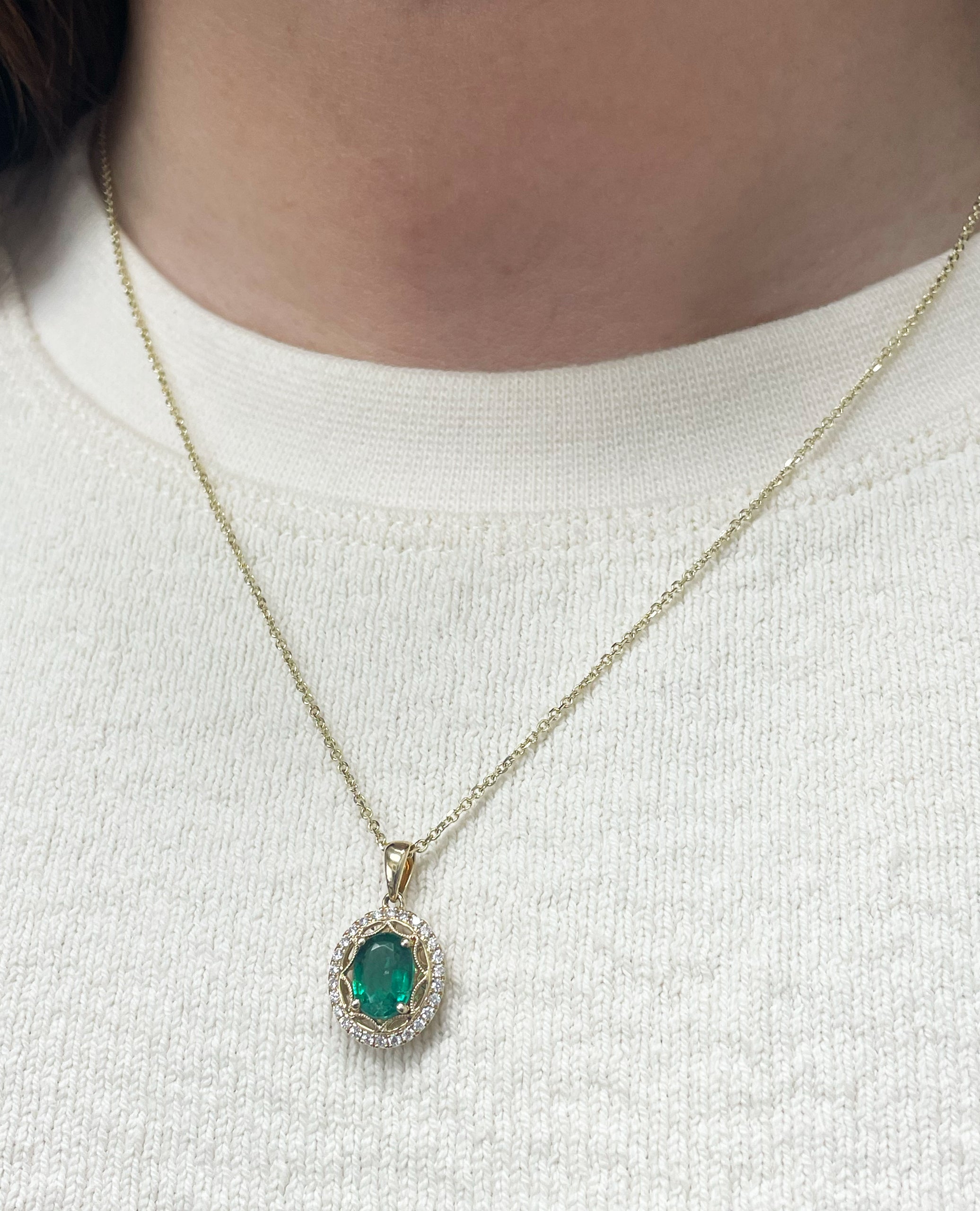 14K Yellow Gold Emerald & Diamond Fancy Pendant Necklace