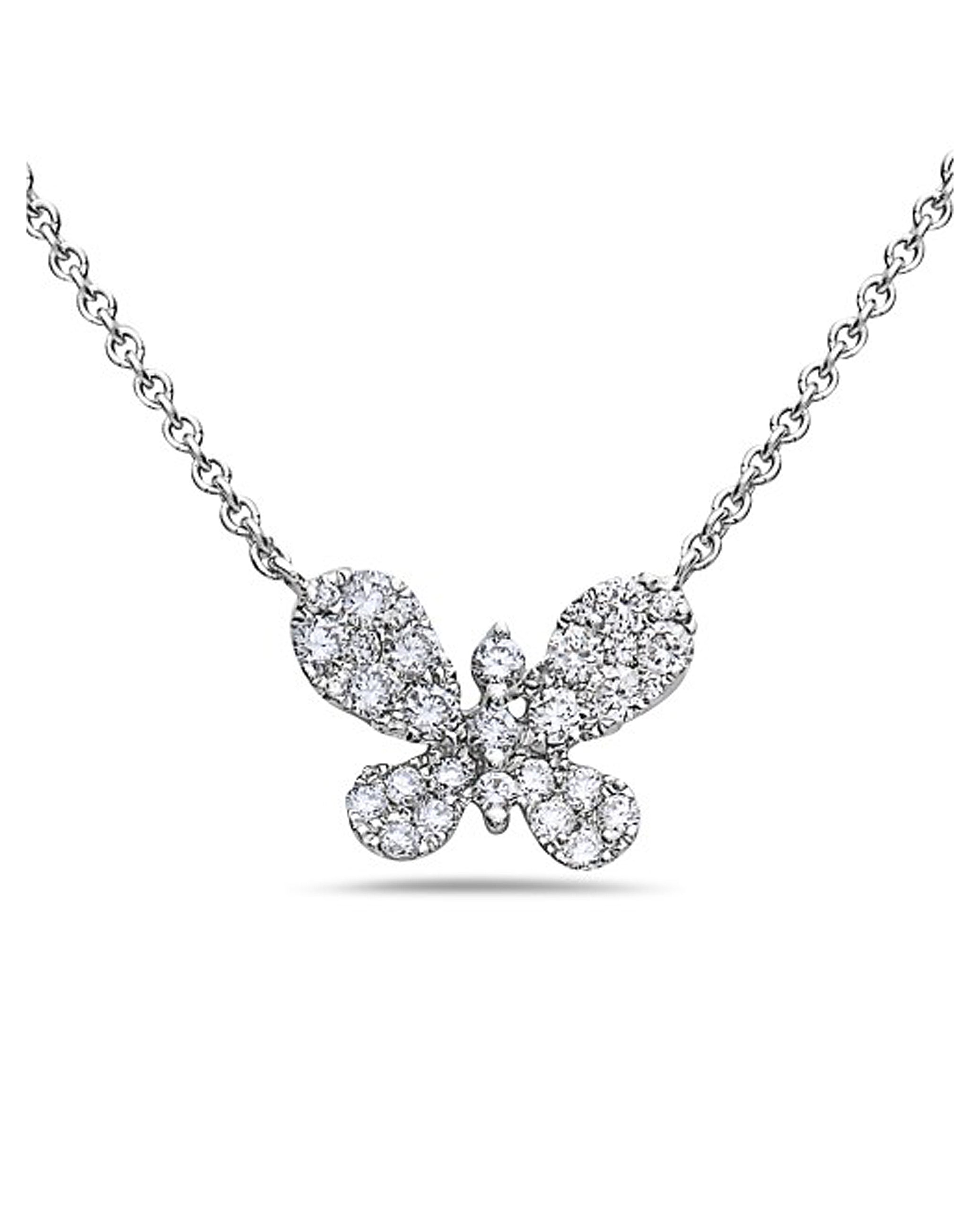 Petite Butterfly Diamond Pendant Necklace in 18K White Gold, Adjustable Length
