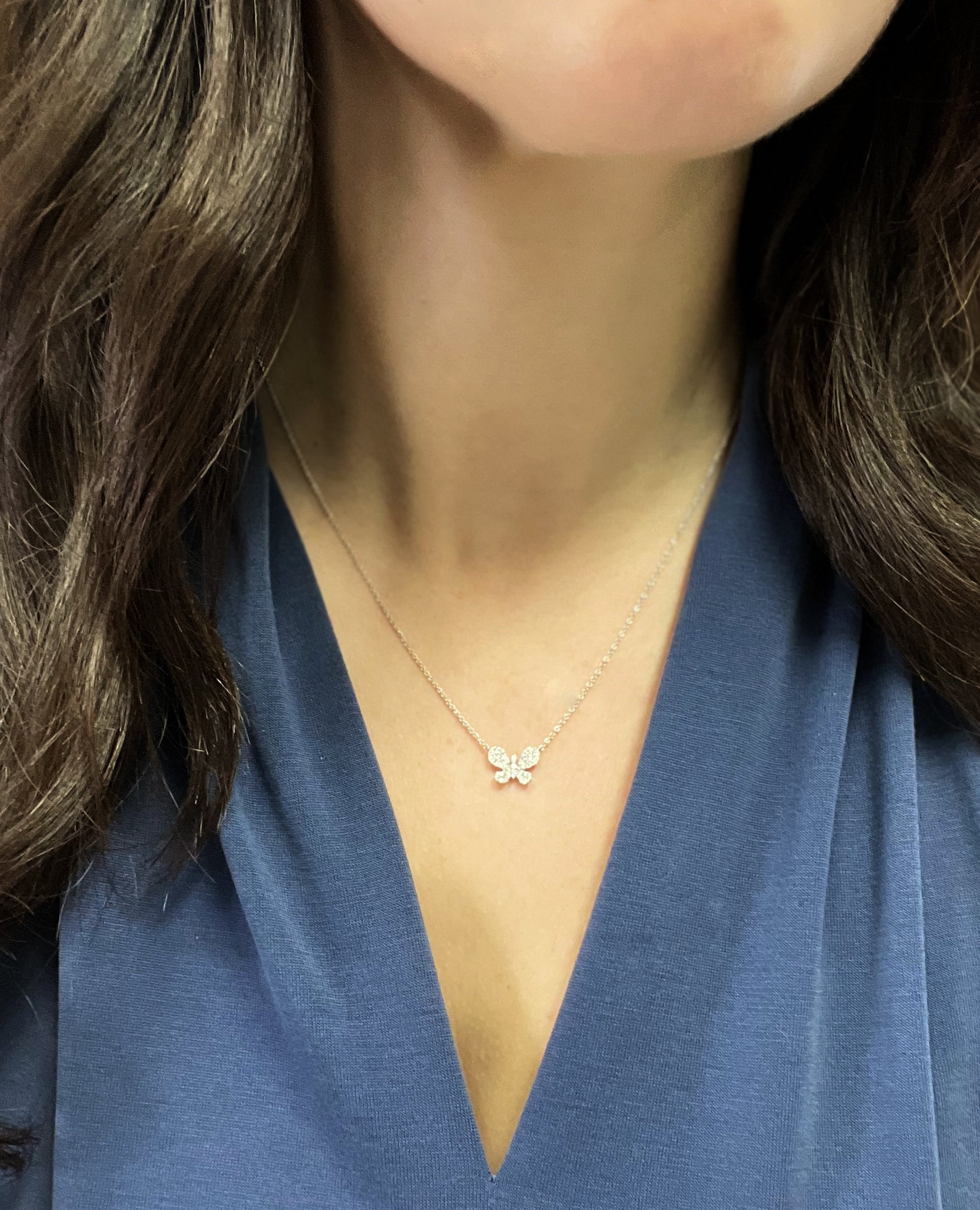 Petite Butterfly Diamond Pendant Necklace in 18K White Gold, Adjustable Length