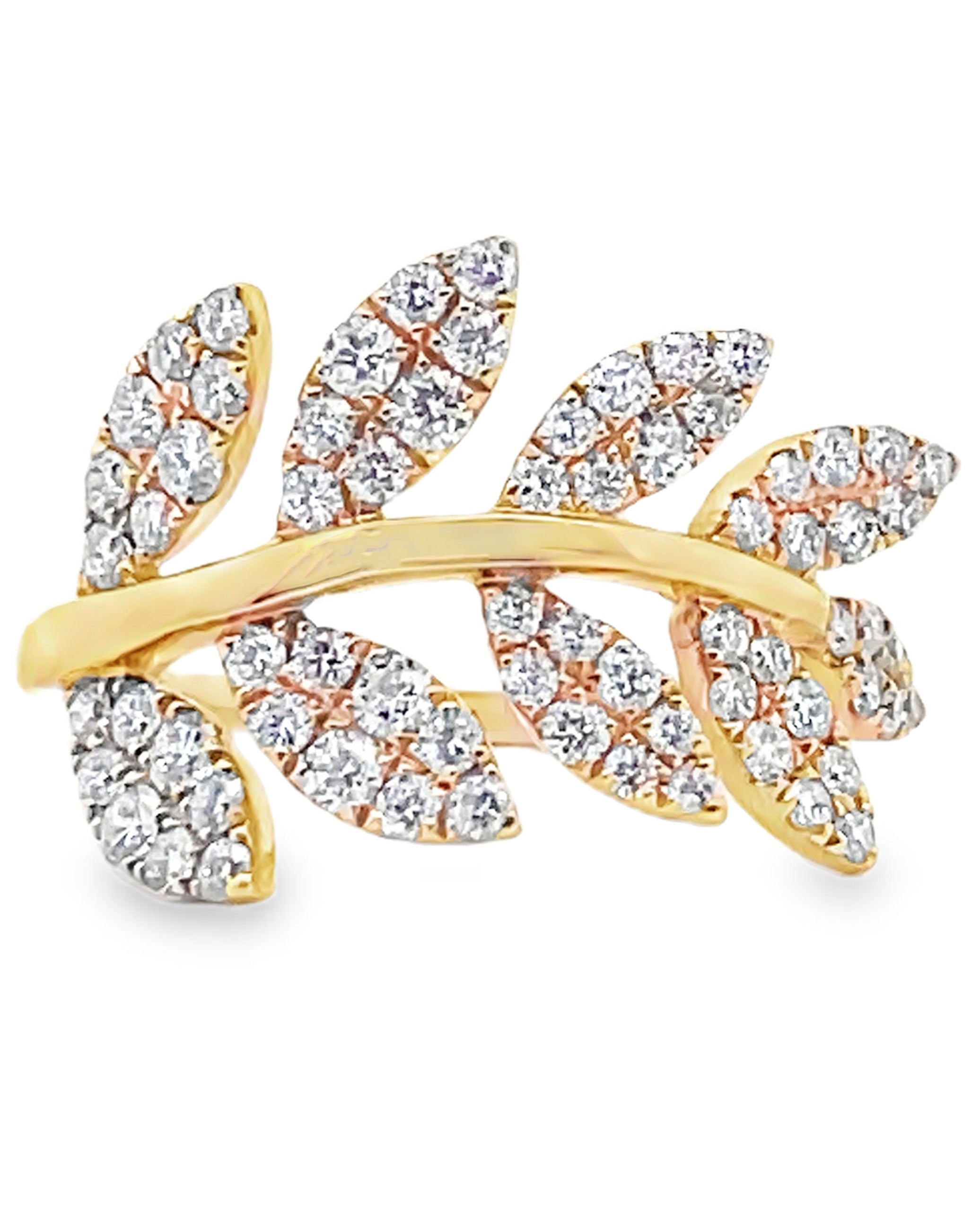 18K Yellow Gold Tapering Curved Leaf Ring with Diamonds 0.92 Carats, G Color VS Clarity