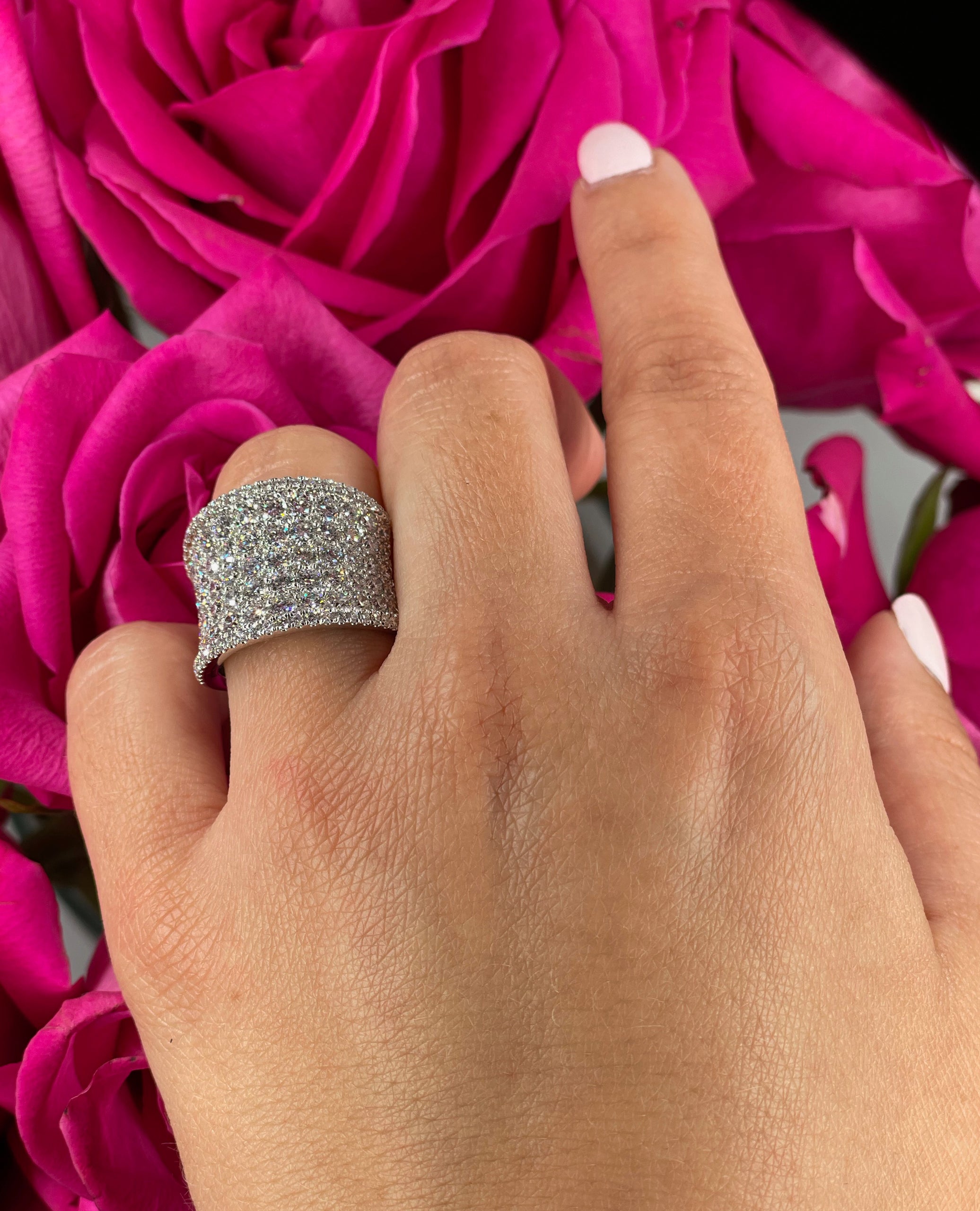 18K White Gold and 3.77 Carat Diamond Multi Row Ring with Curvature