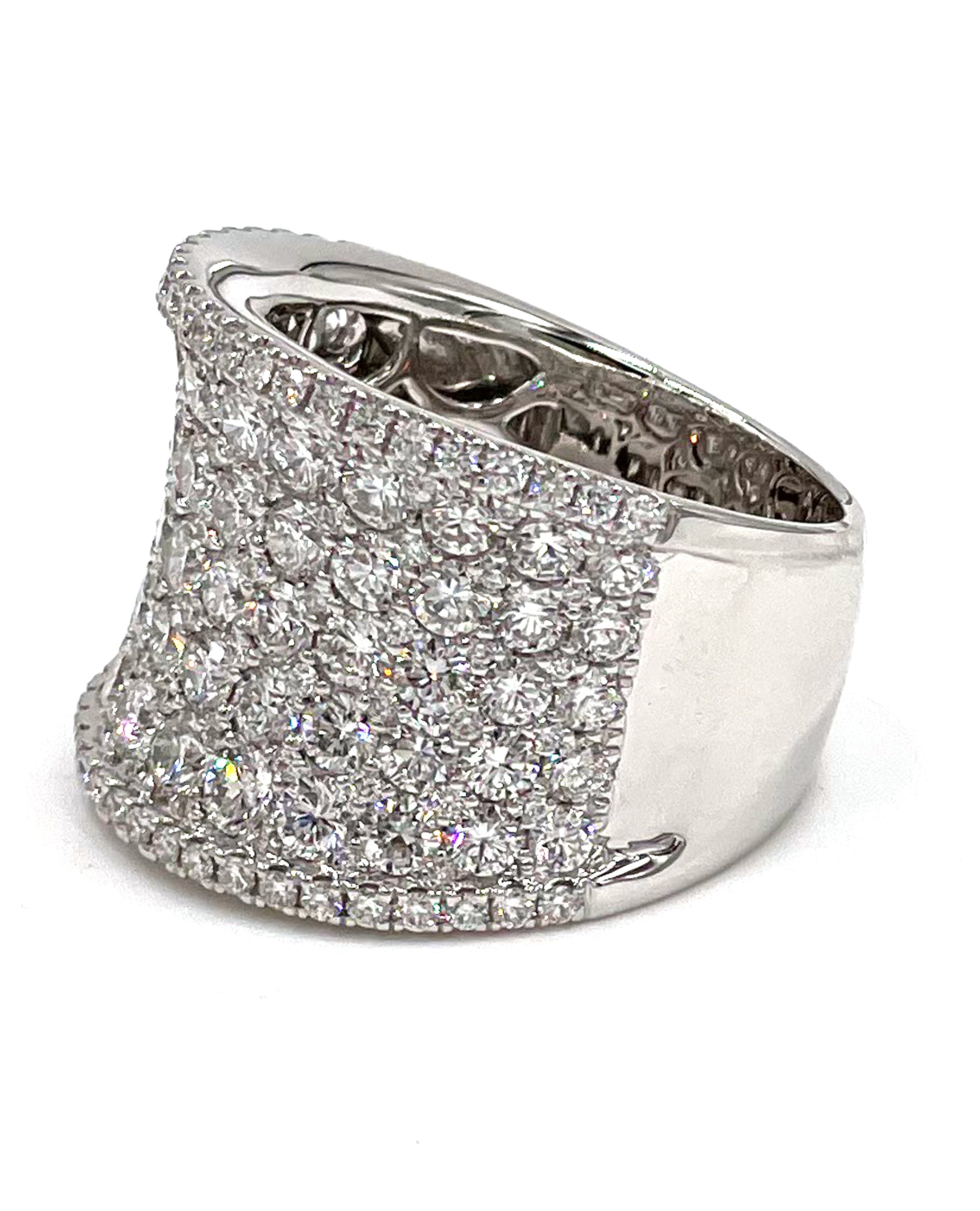 18K White Gold and 3.77 Carat Diamond Multi Row Ring with Curvature