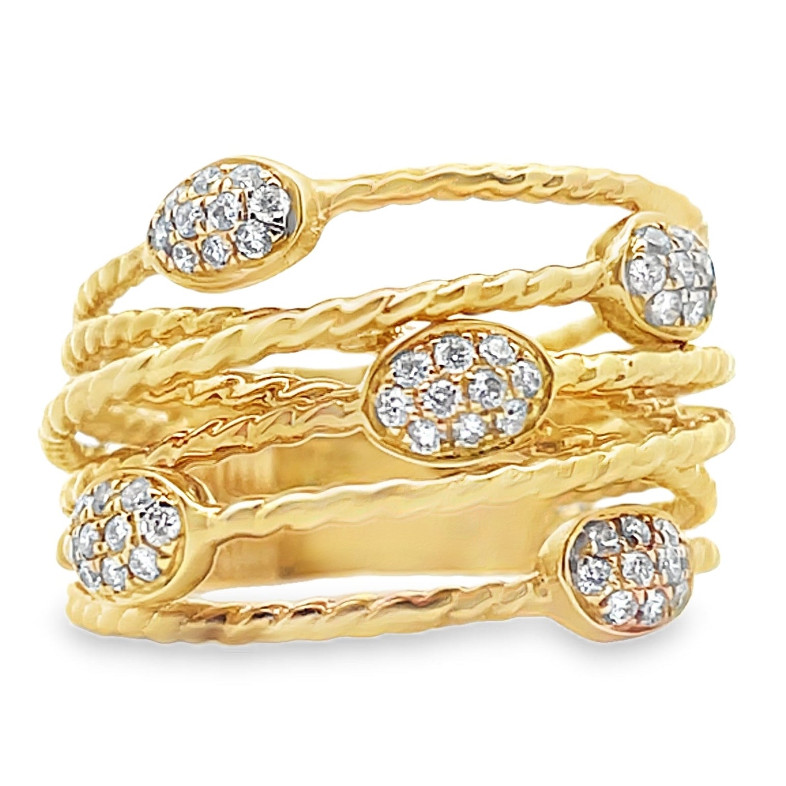 18K Yellow Gold Woven 0.28 Carat Diamond Ring with Cascading Oval Stations