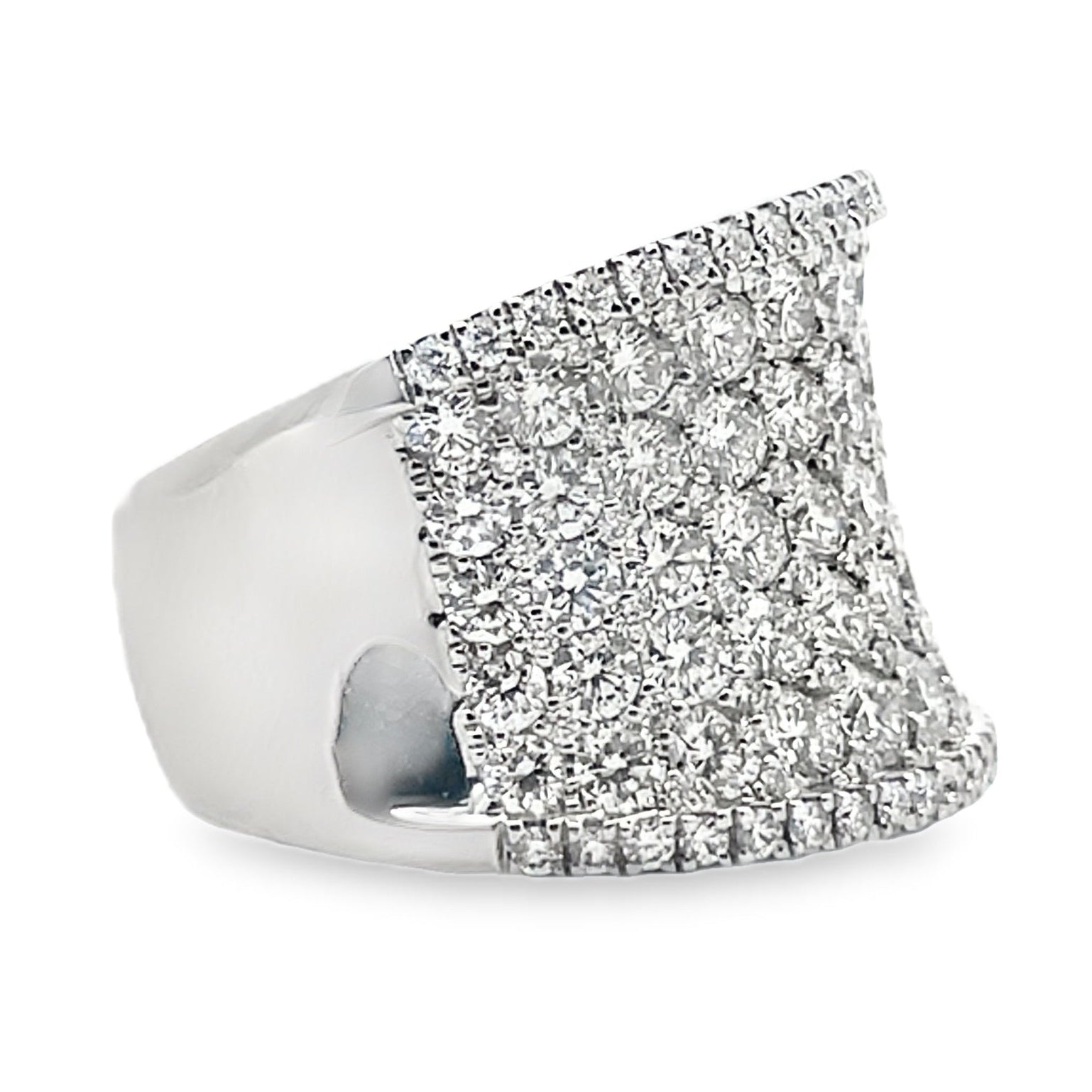 18K White Gold and 3.77 Carat Diamond Multi Row Ring with Curvature