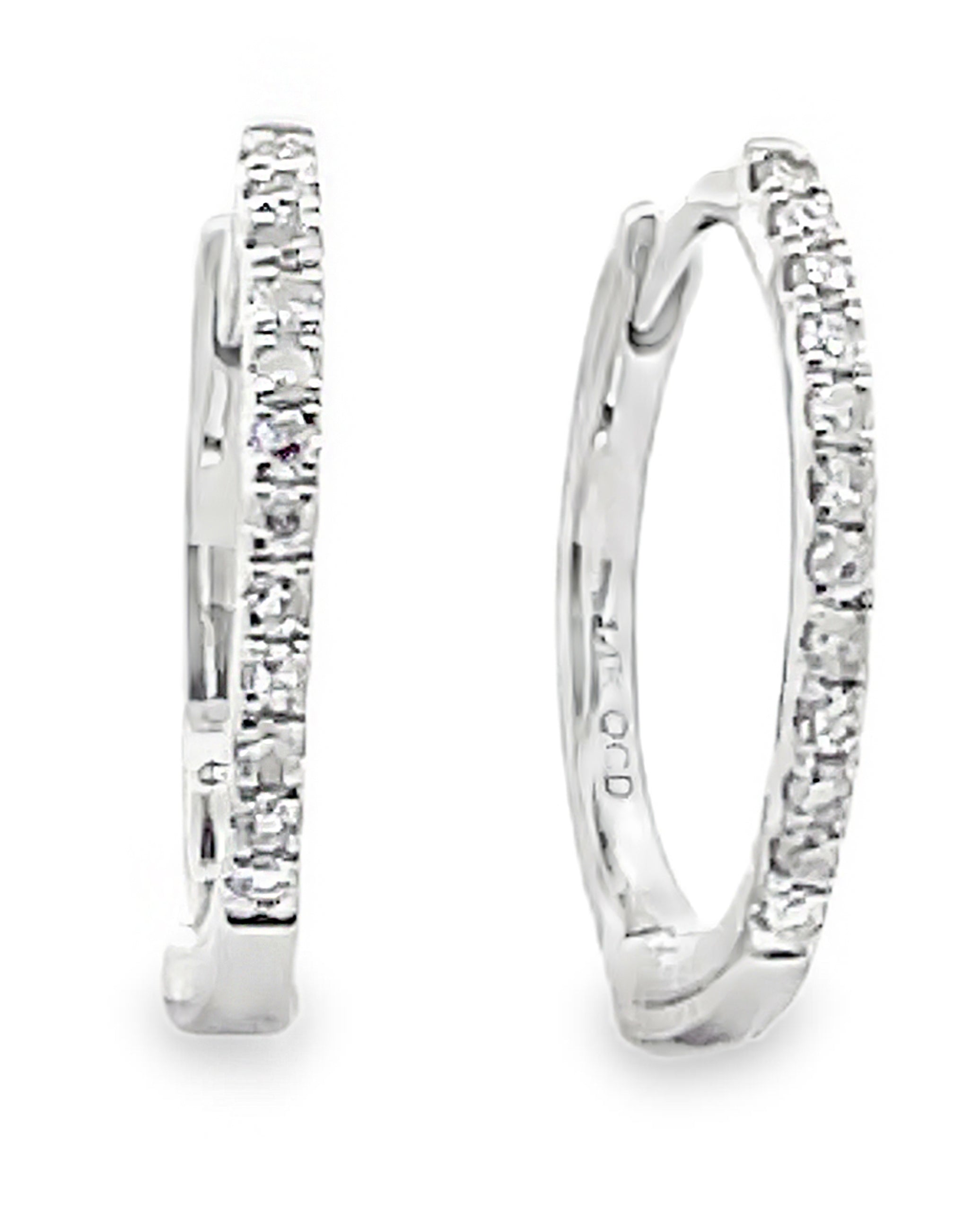 14K White Gold Huggie Hoop Diamond Earrings - 14mm