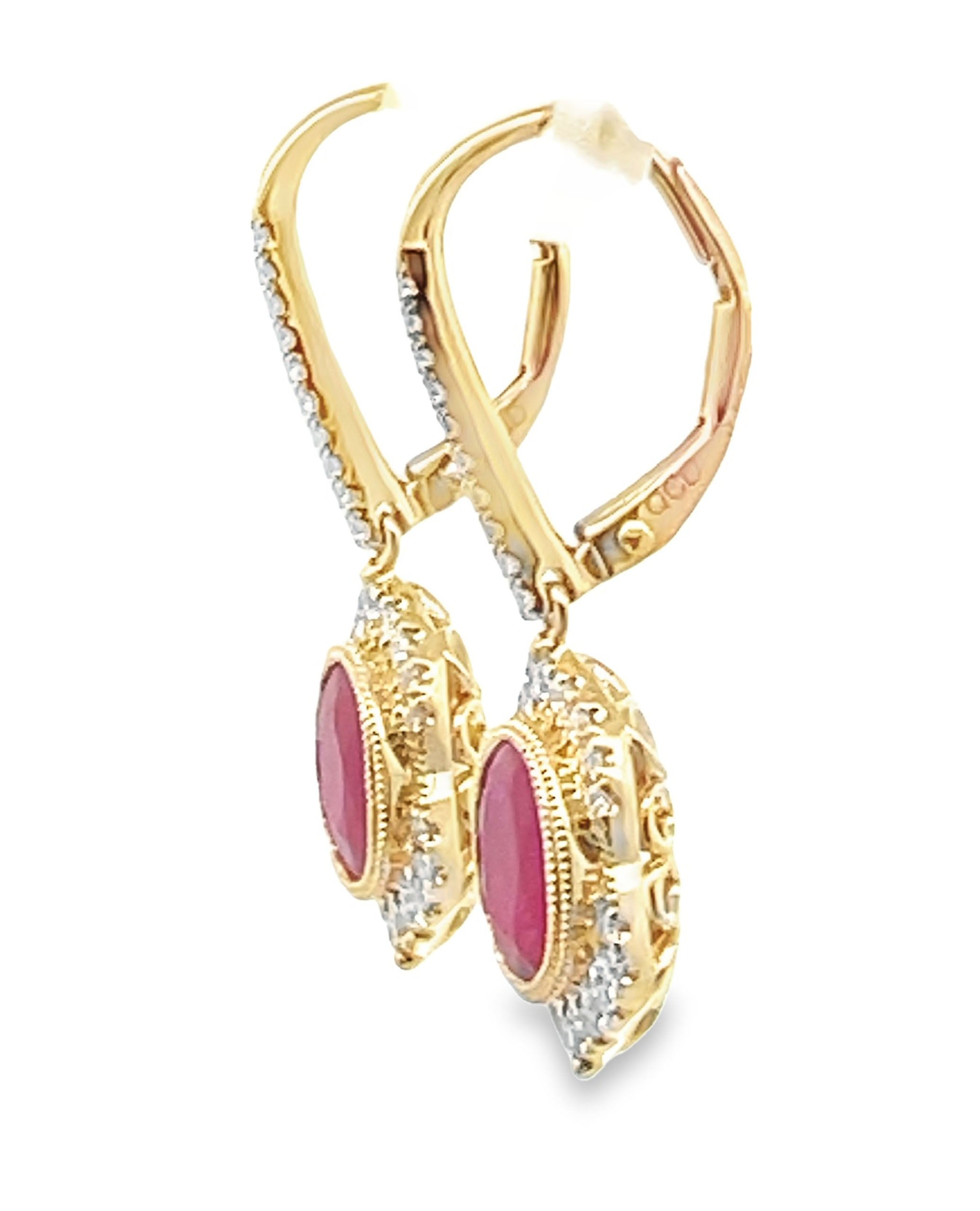 14K Yellow Gold Drop Earrings with Oval Shaped Rubies 2.06 Carats and Round Faceted Diamonds 0.30 Carats