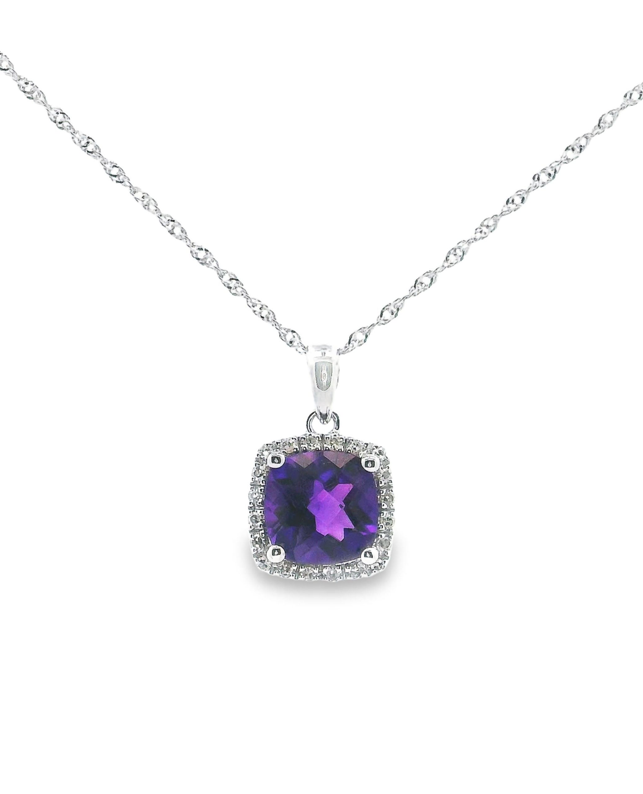 14K White Gold 1.44 Carat Amethyst and 0.08 Carat Diamond Pendant Necklace