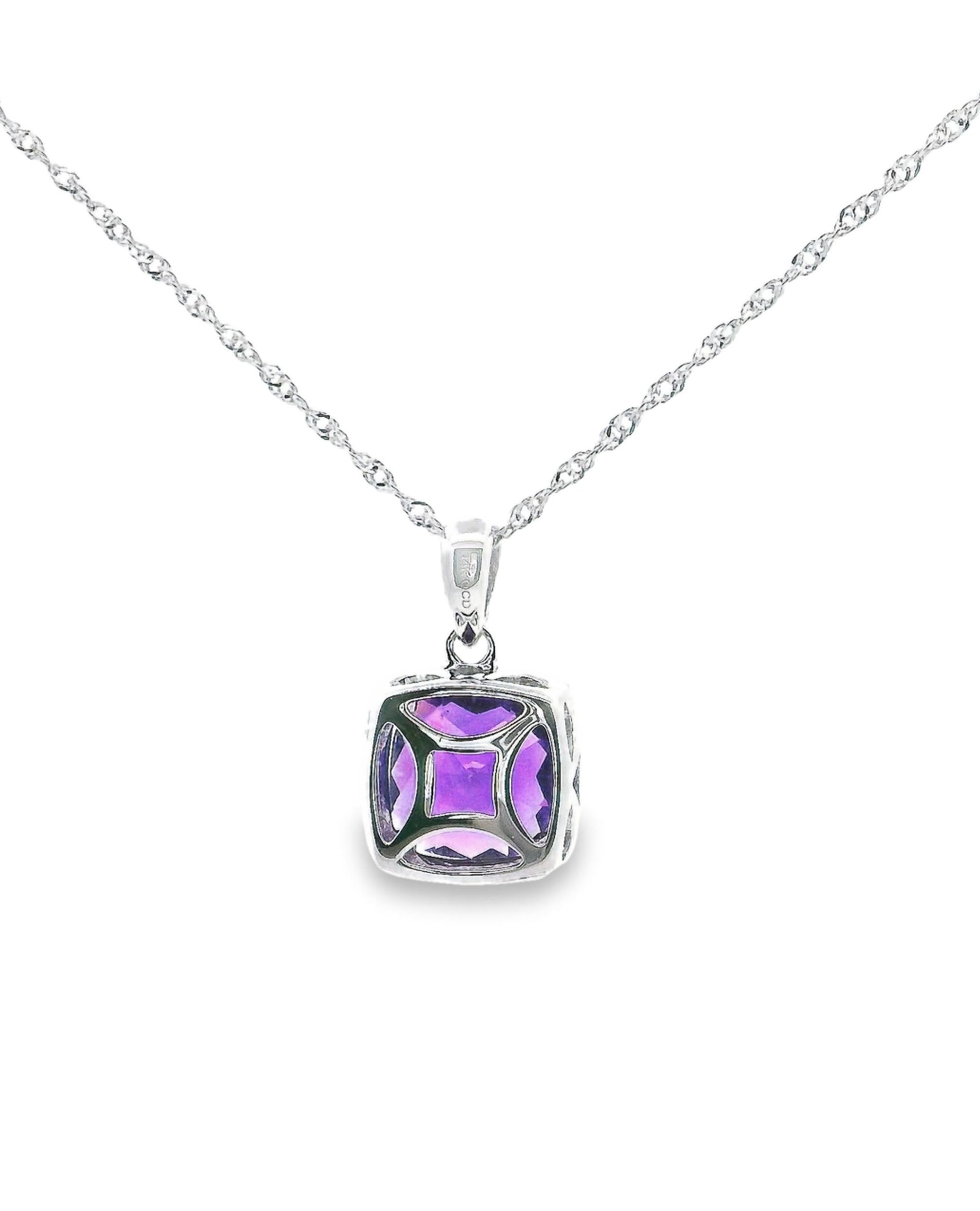 14K White Gold 1.44 Carat Amethyst and 0.08 Carat Diamond Pendant Necklace