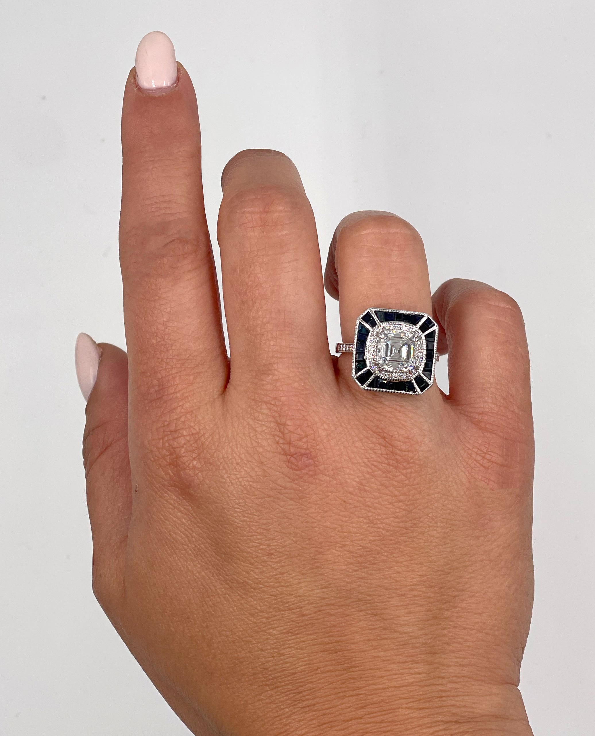 Cushion Cut Emerald 1.71 ct in 18K White Gold Art Deco Inspired Ring with Sapphires