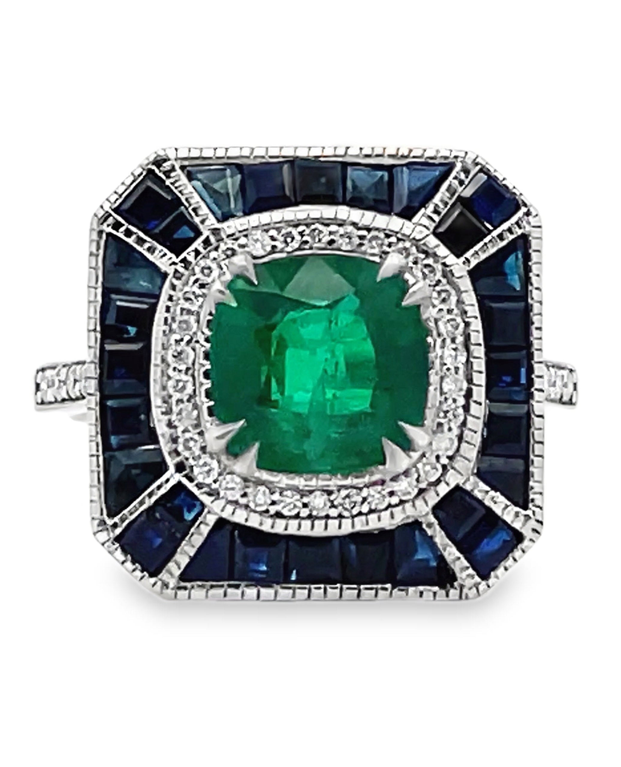 Cushion Cut Emerald 1.71 ct in 18K White Gold Art Deco Inspired Ring with Sapphires