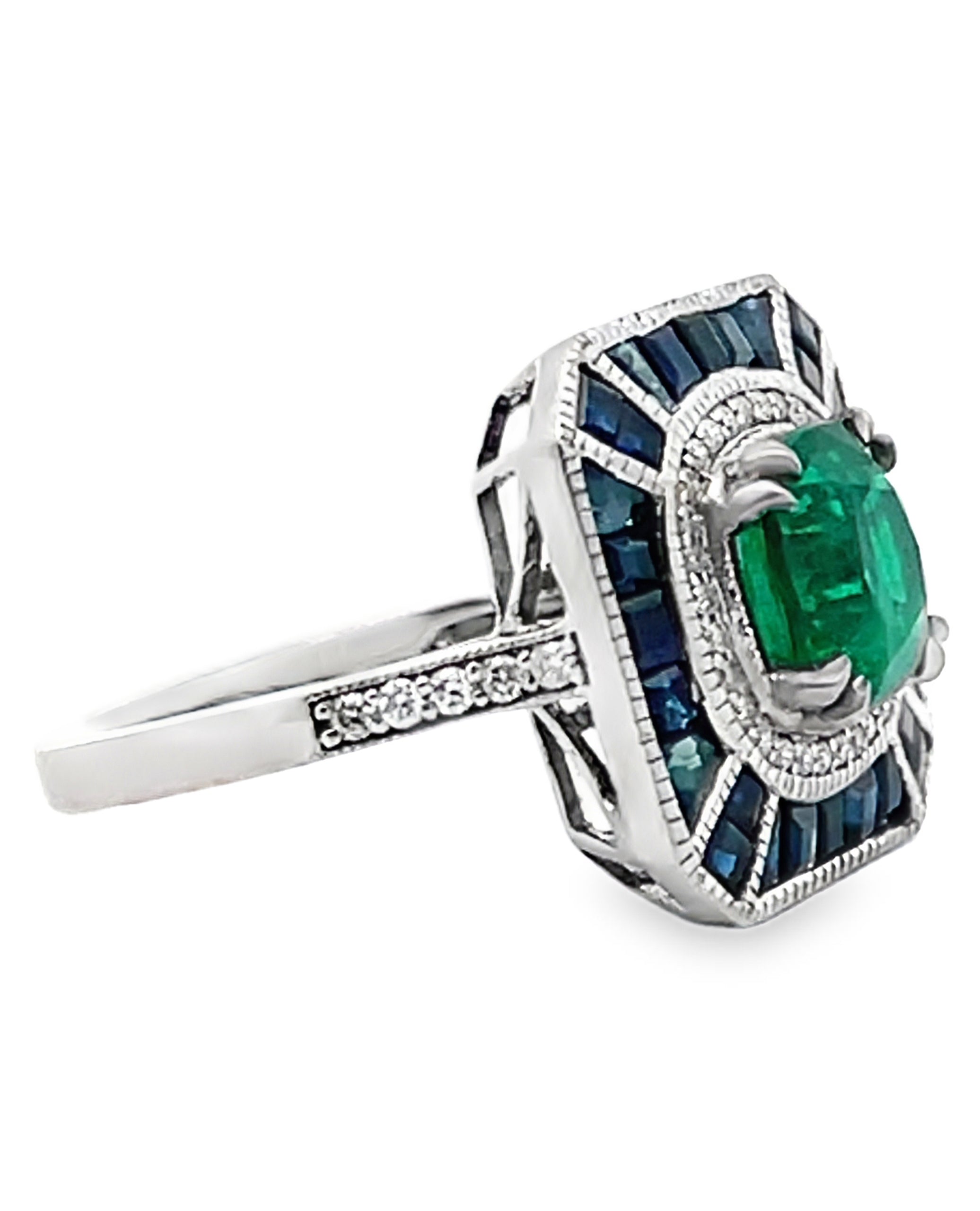 Cushion Cut Emerald 1.71 ct in 18K White Gold Art Deco Inspired Ring with Sapphires
