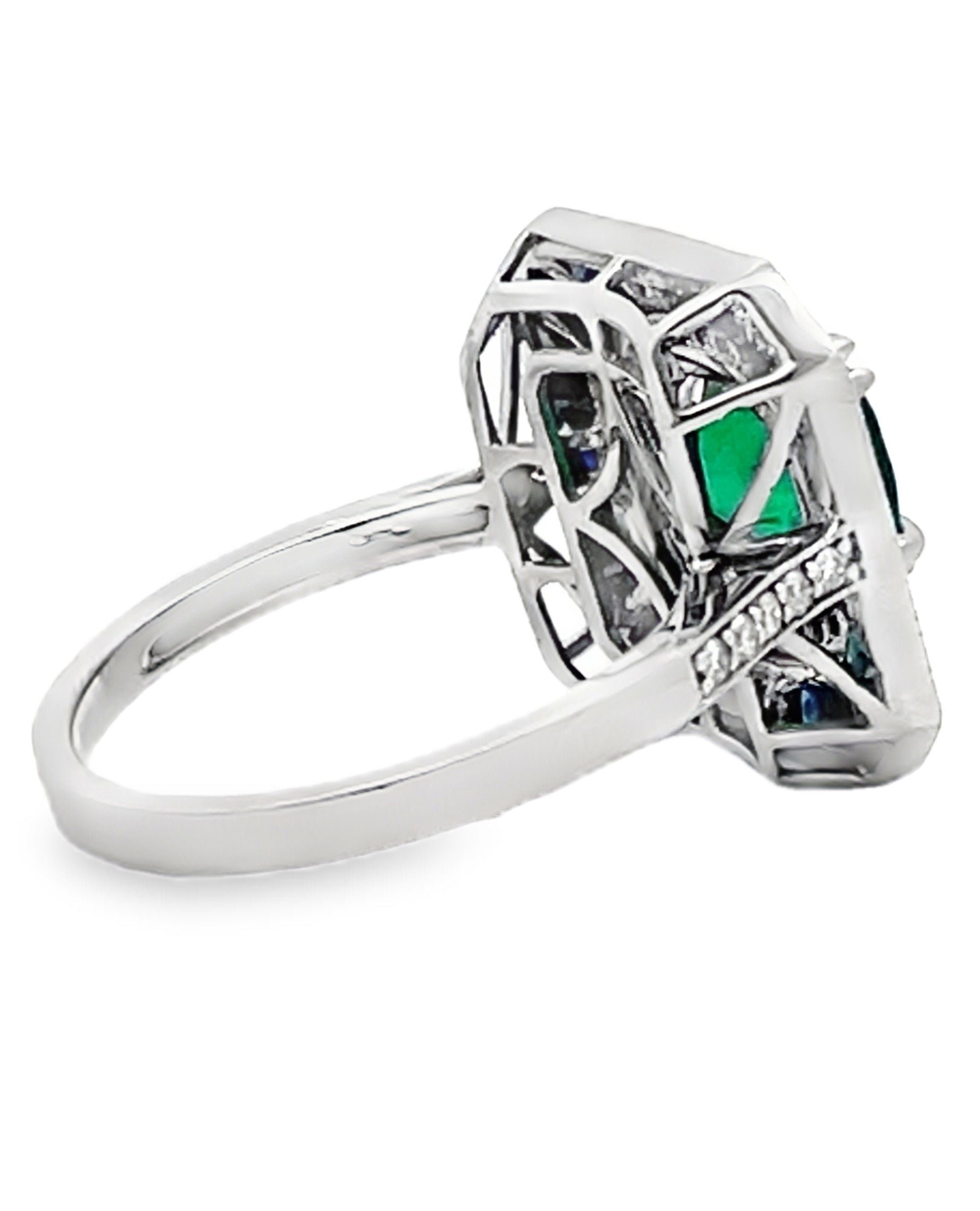 Cushion Cut Emerald 1.71 ct in 18K White Gold Art Deco Inspired Ring with Sapphires