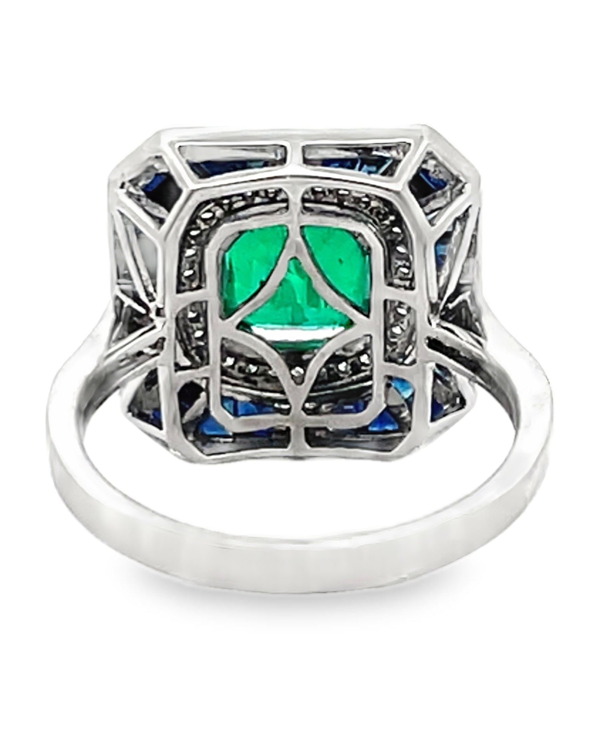 Cushion Cut Emerald 1.71 ct in 18K White Gold Art Deco Inspired Ring with Sapphires