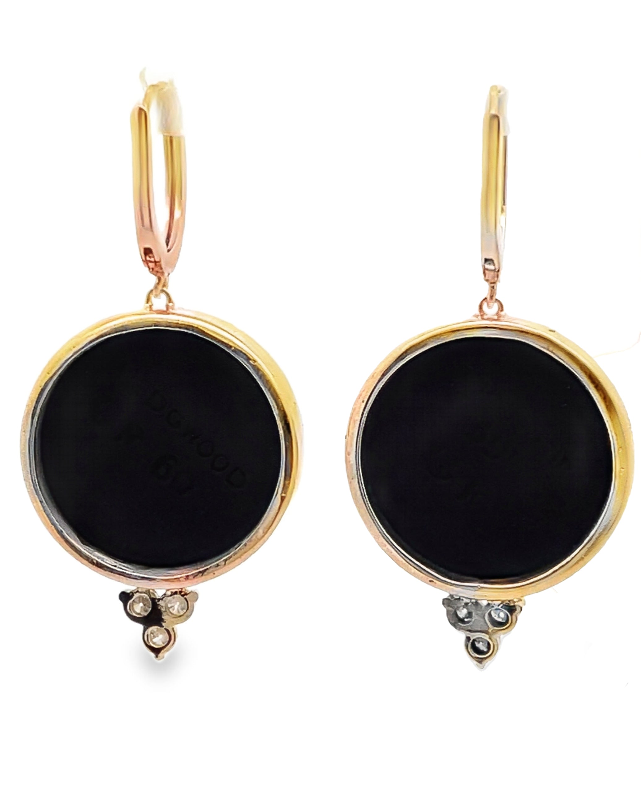 Cherub Drop Earrings in 14K Yellow Gold with Two Round Vintage Wedgwood Jasperware in White and Basalt Black