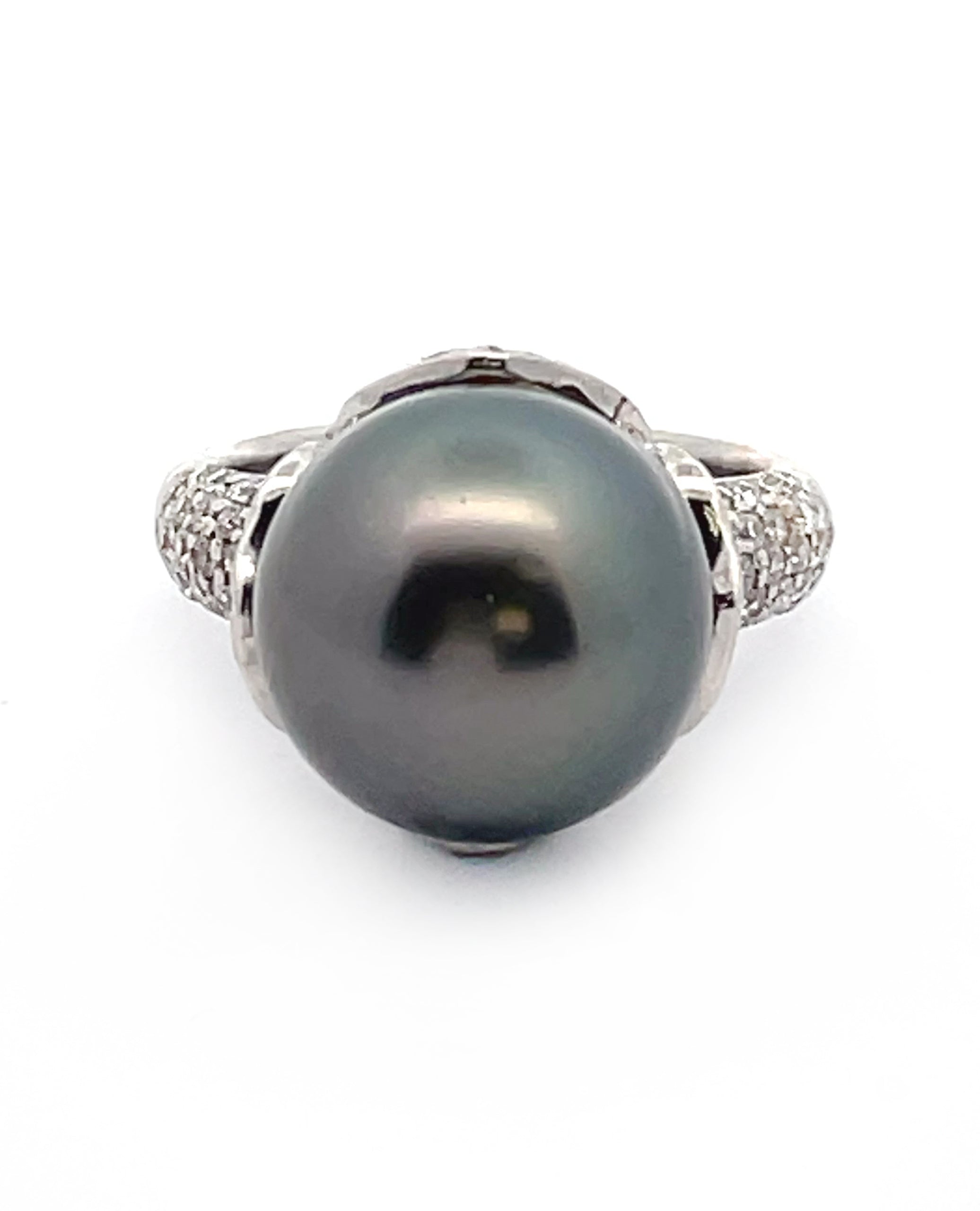 13.54 Millimeter Tahitian Pearl in 18K White Gold Diamond Ring 1.50 Carats