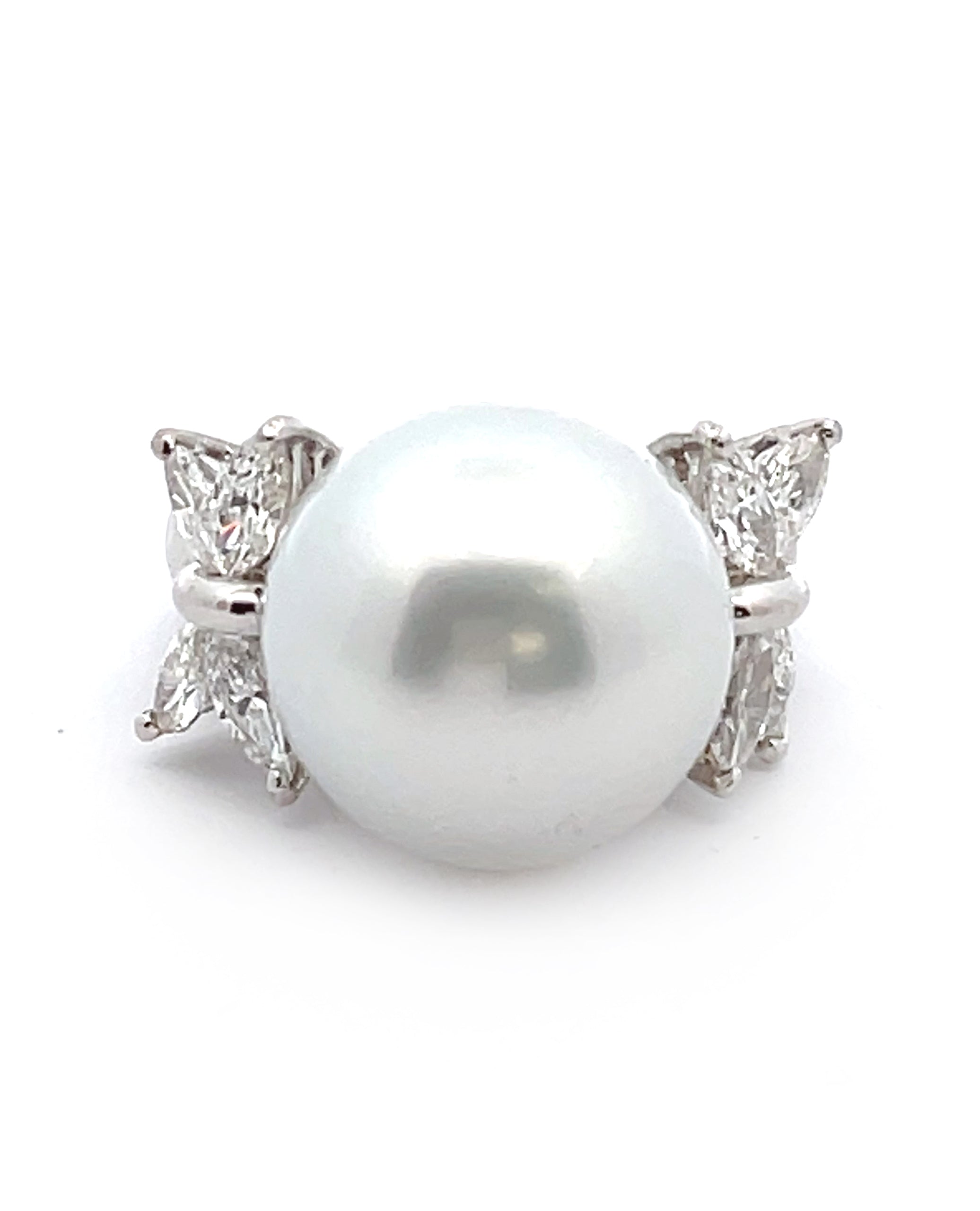South Sea Pearl Ring with Fancy Shaped Diamonds 1.80 Carats in 18K White Gold