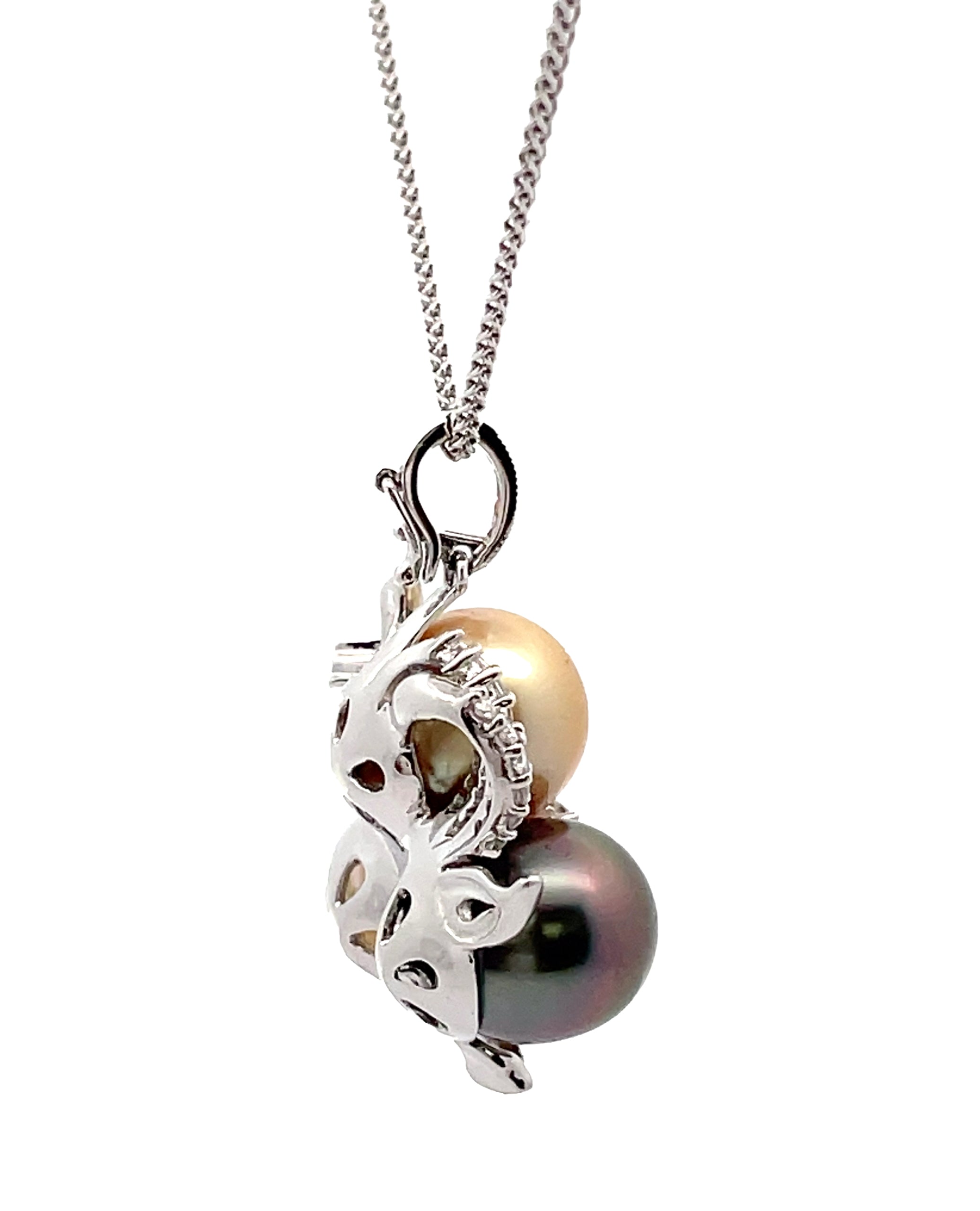 Tri Color Pearl and Diamond Pendant Necklace in 18K White Gold