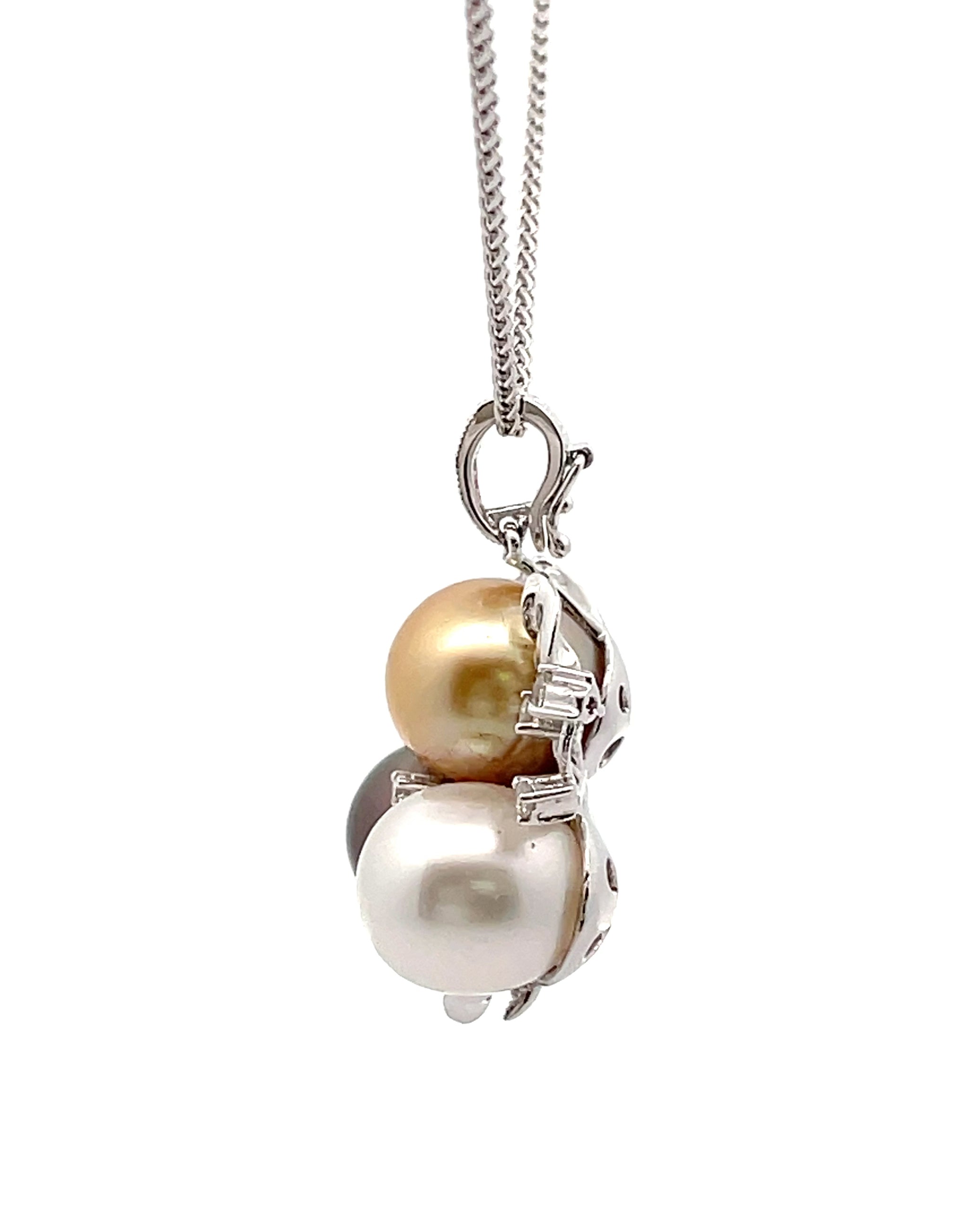 Tri Color Pearl and Diamond Pendant Necklace in 18K White Gold