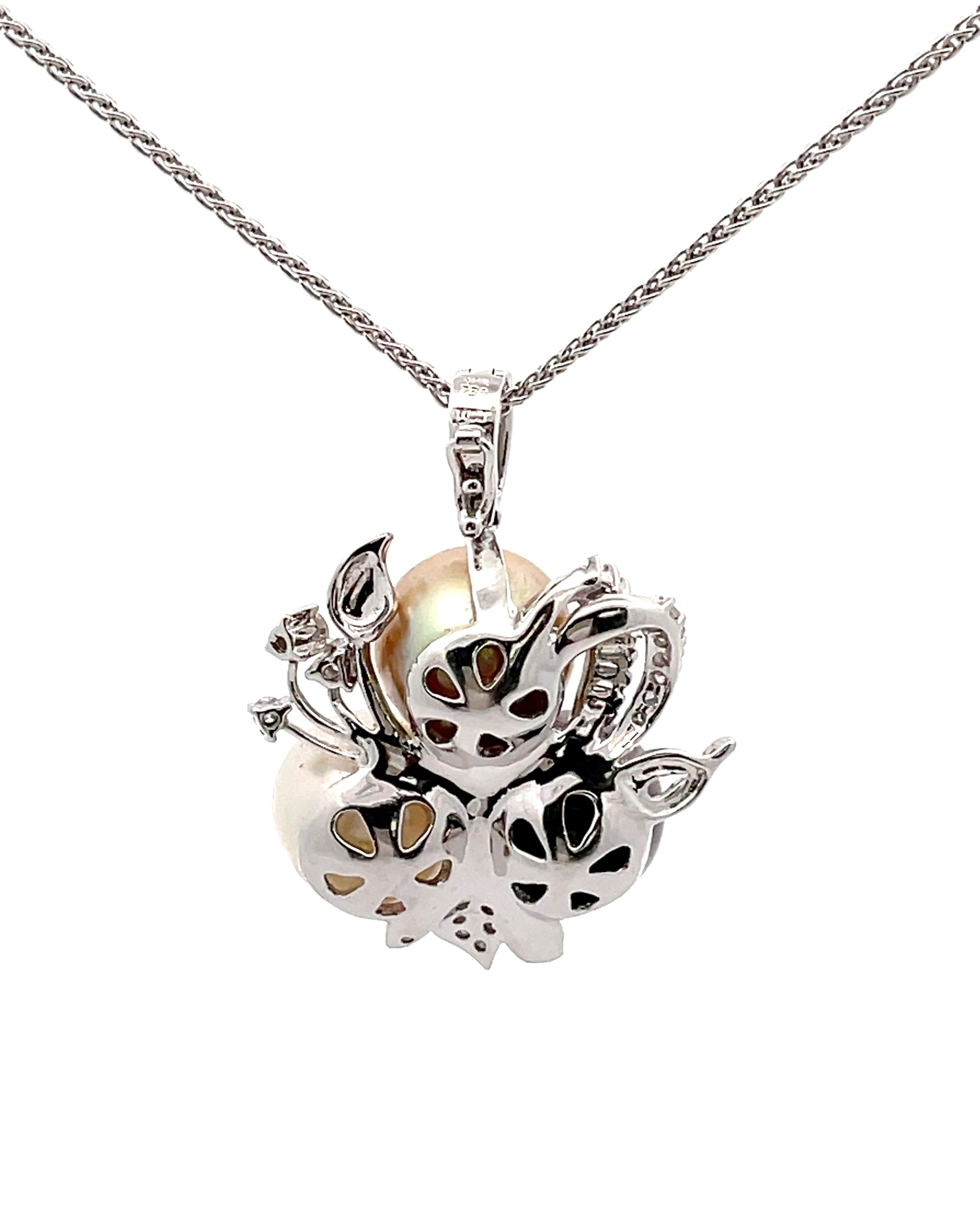 Tri Color Pearl and Diamond Pendant Necklace in 18K White Gold