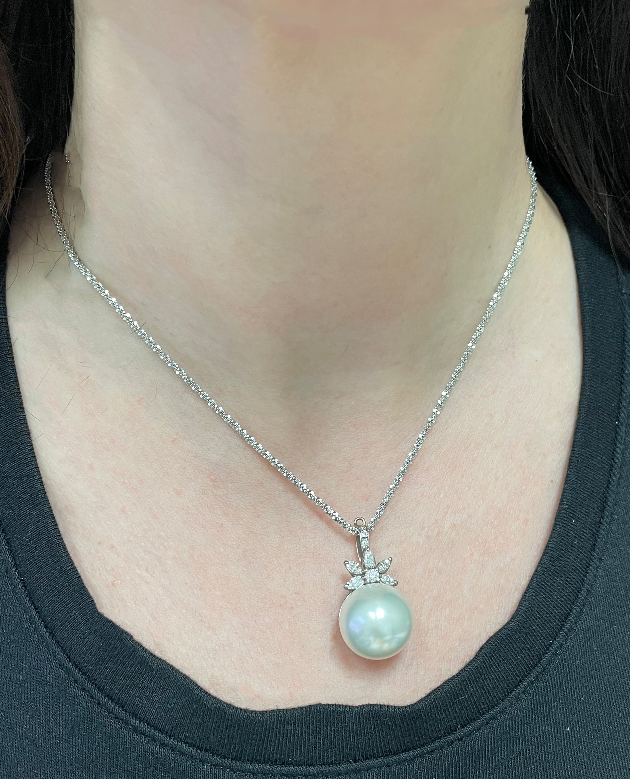 14K White Gold South Sea Pearl Pendant Necklace with Diamonds