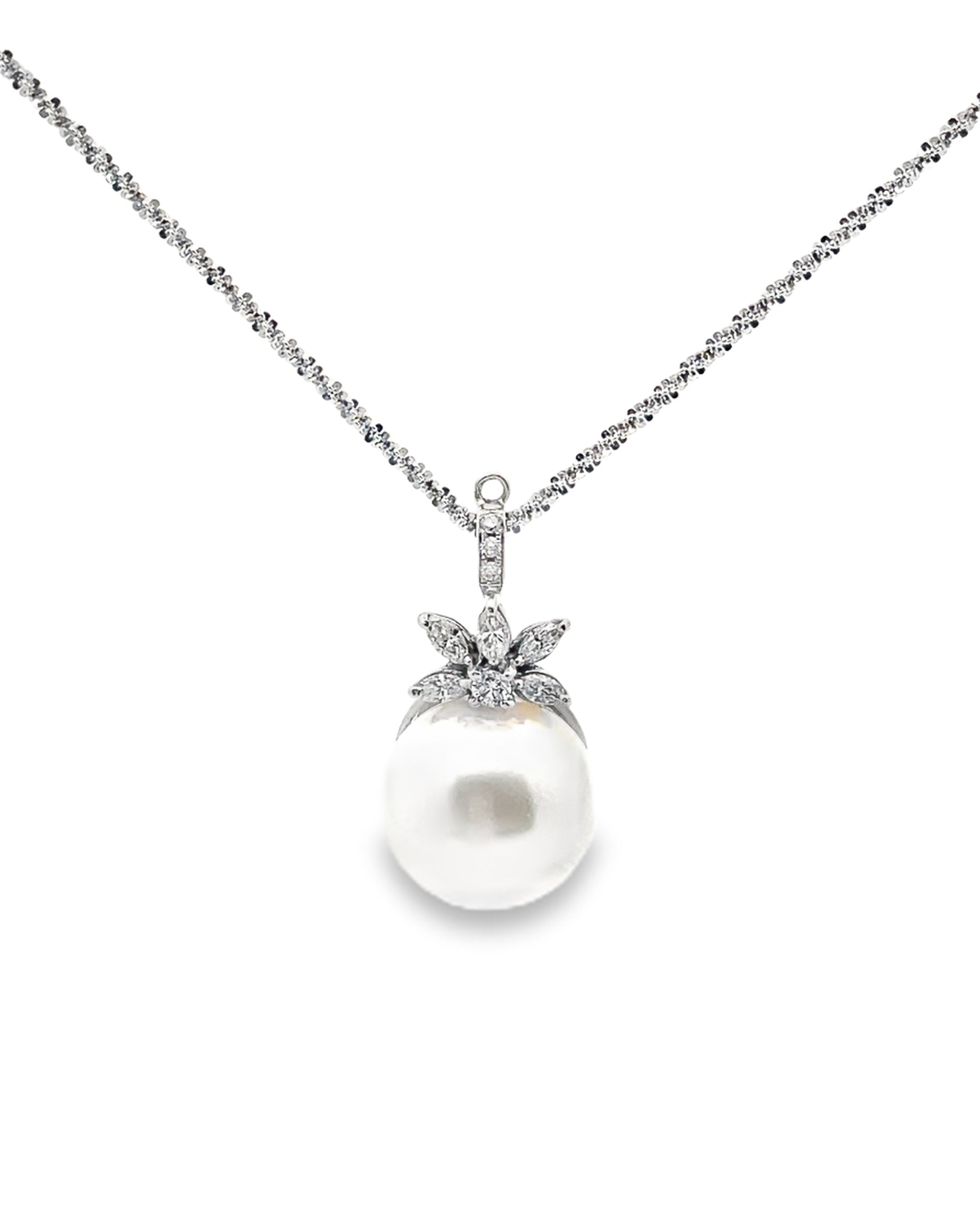 14K White Gold South Sea Pearl Pendant Necklace with Diamonds