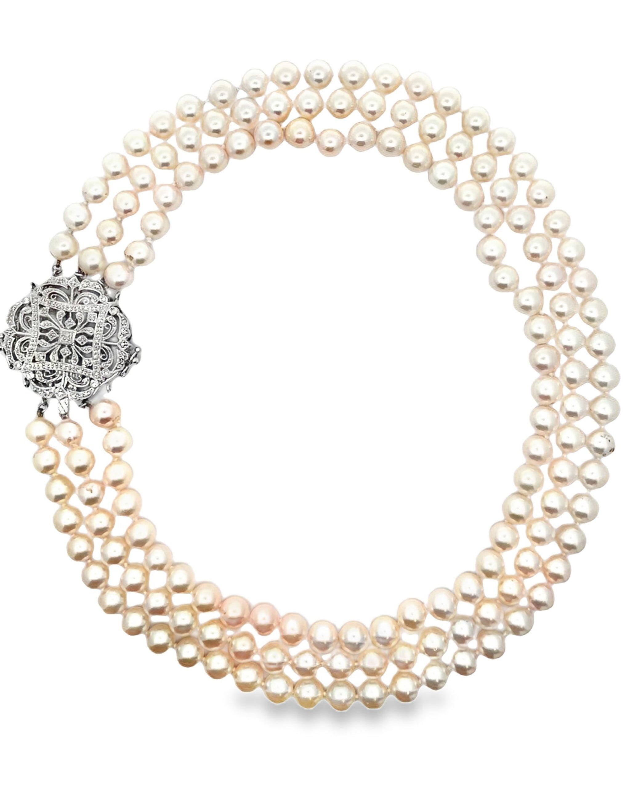 Three Strand Culture Pearl Necklace with 14K White Gold Antique Inspired Clasp