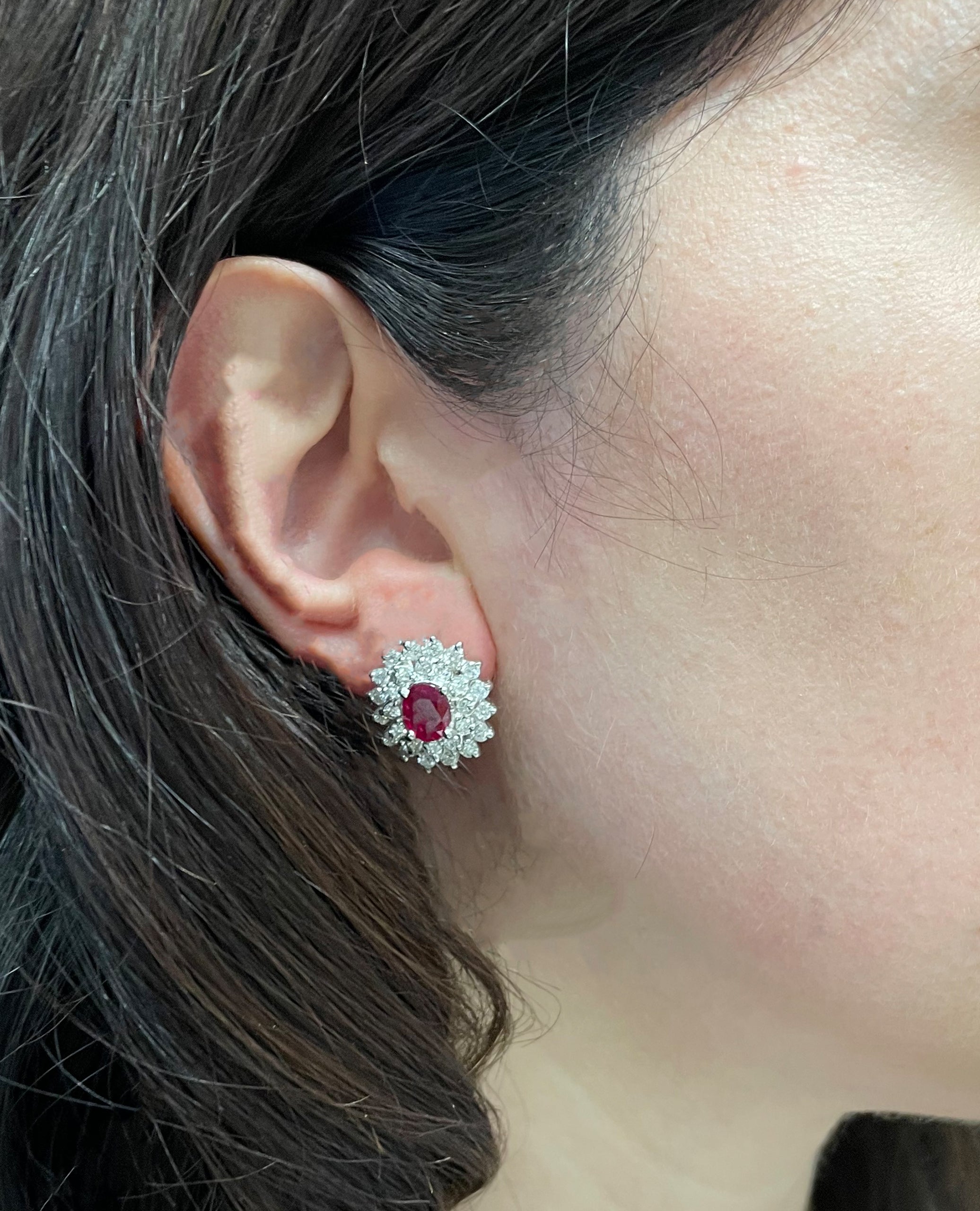Oval Ruby Earrings with Starburst Diamonds in 18K White Gold with Omega Backs