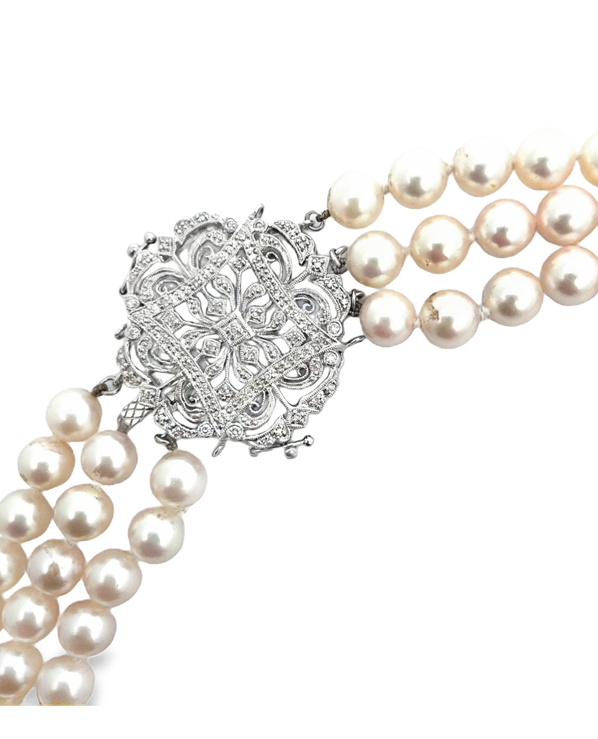 Three Strand Culture Pearl Necklace with 14K White Gold Antique Inspired Clasp