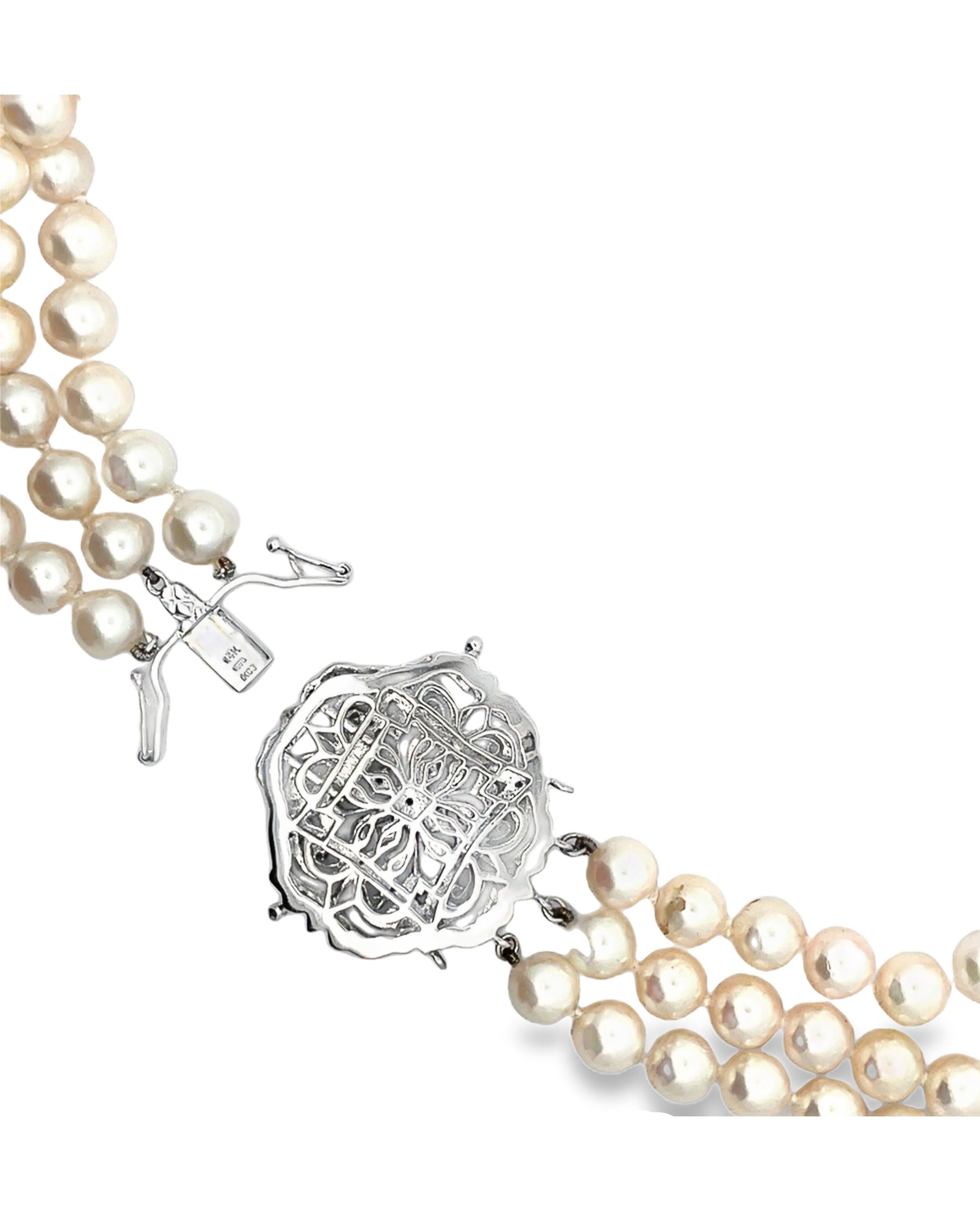 Three Strand Culture Pearl Necklace with 14K White Gold Antique Inspired Clasp