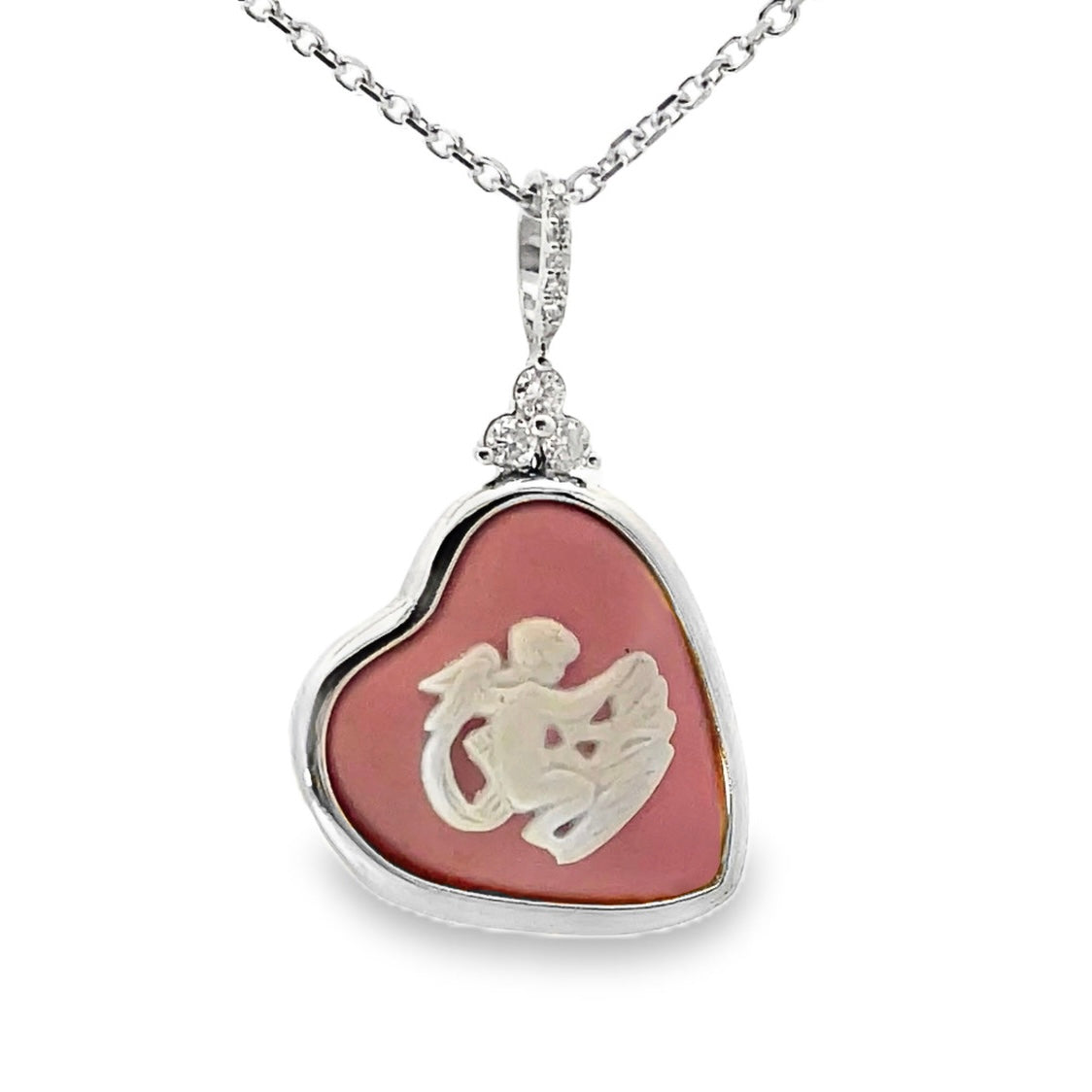 Cupid Vintage Wedgwood Heart Pendant in New 14k White Gold Setting and Necklace, Rosé Pink