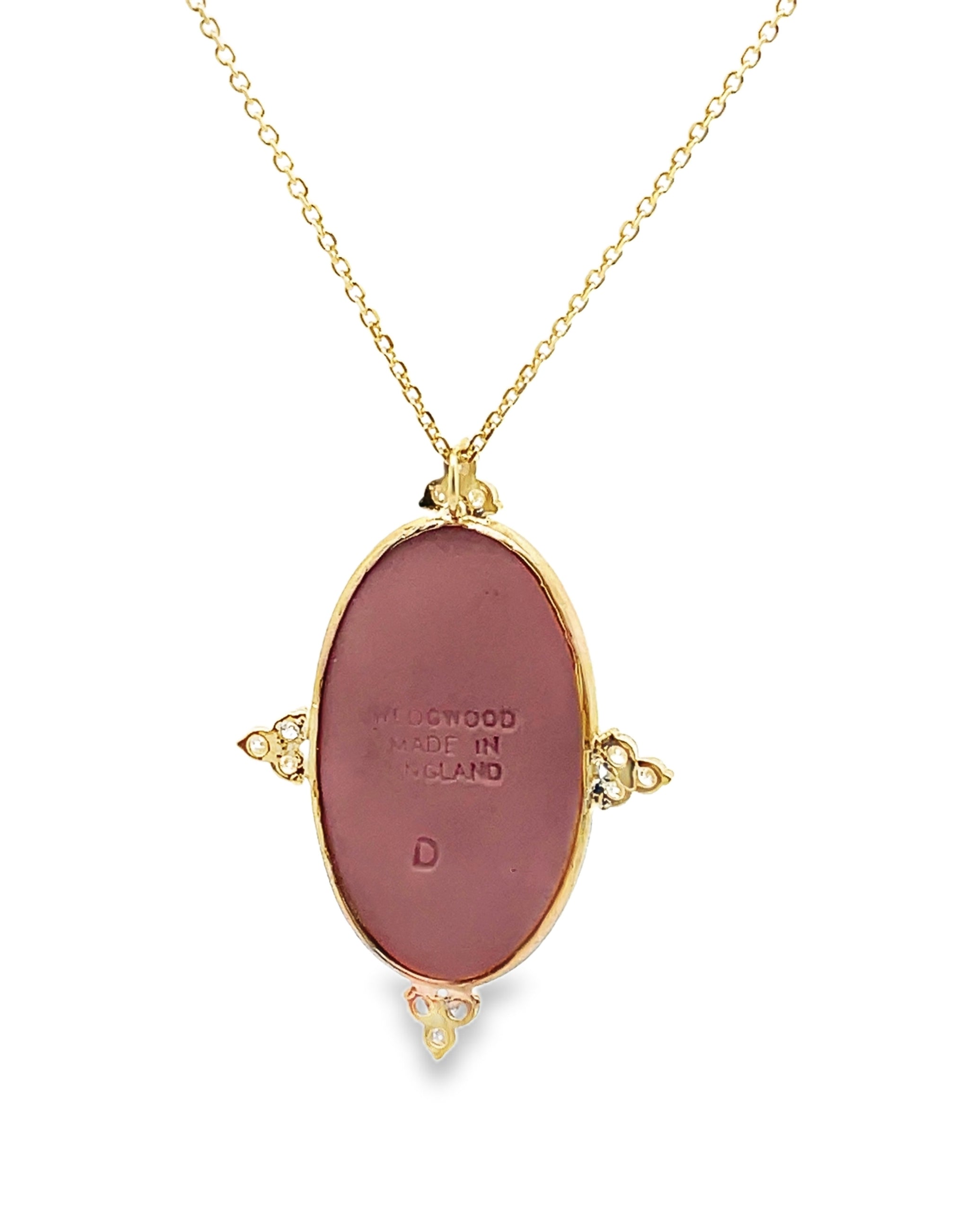 Hour of Joy 14K Yellow Gold Pendant Necklace with Custom Bezel Set Oval Rosé Pink Wedgwood Jasperware and Diamonds