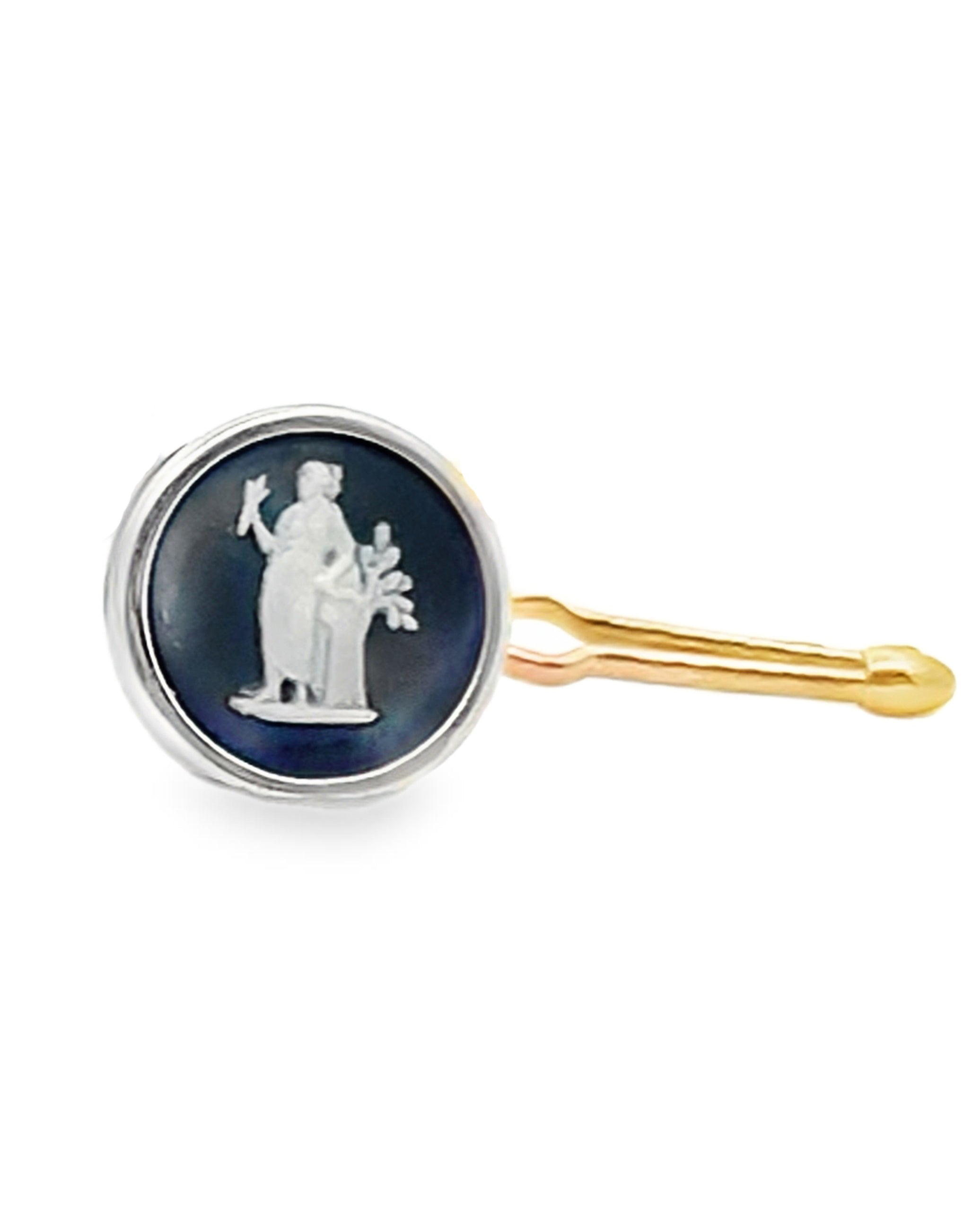 Demeter Goddess of Prosperity Vintage Wedgwood Tuxedo Stud Buttons in New 14K Yellow and White Gold Custom Settings, Black Basalt and White