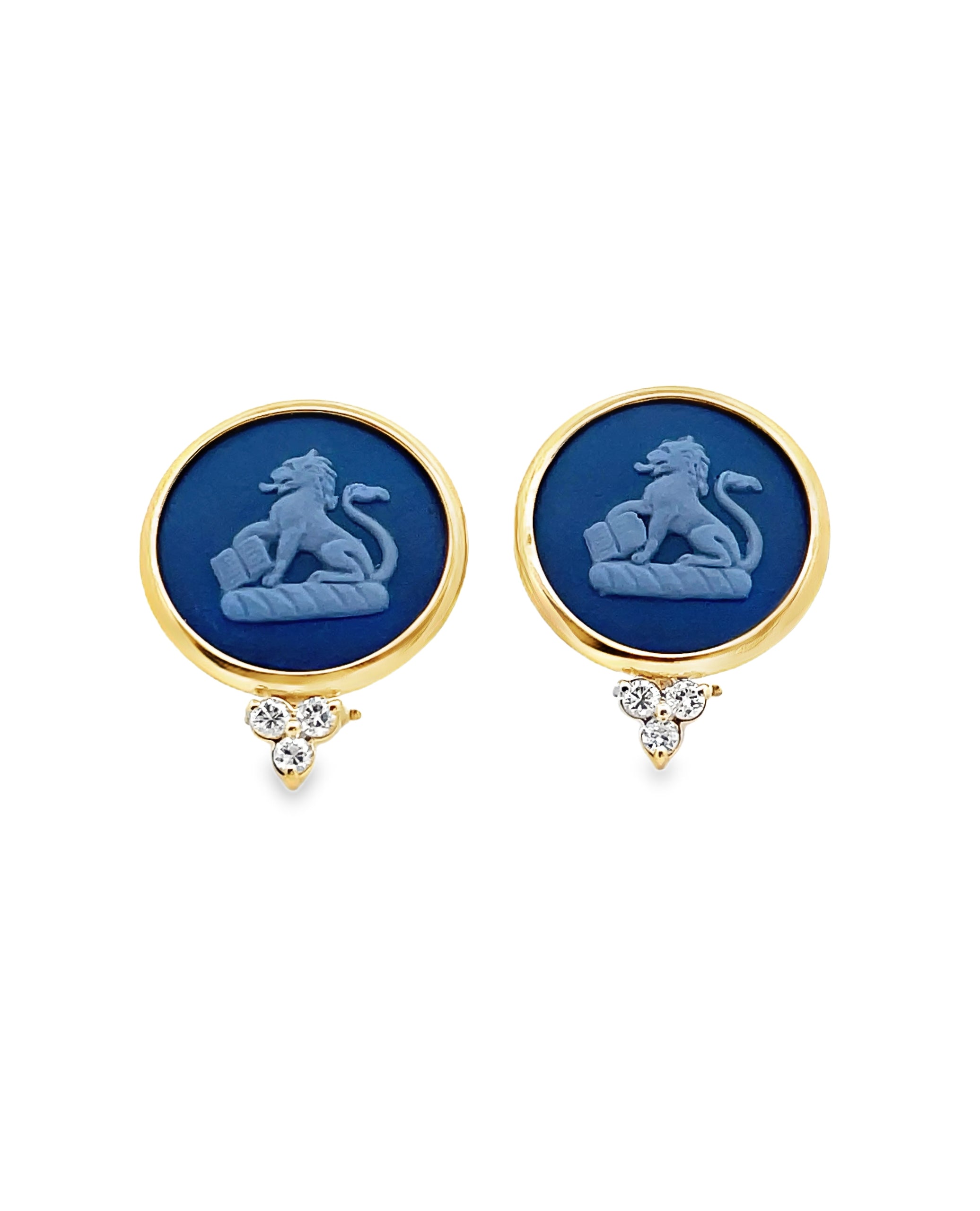Lion Passant 14K Yellow Gold Medallion Earrings with Custom Bezel Set Blue Wedgwood Jasperware and Diamonds