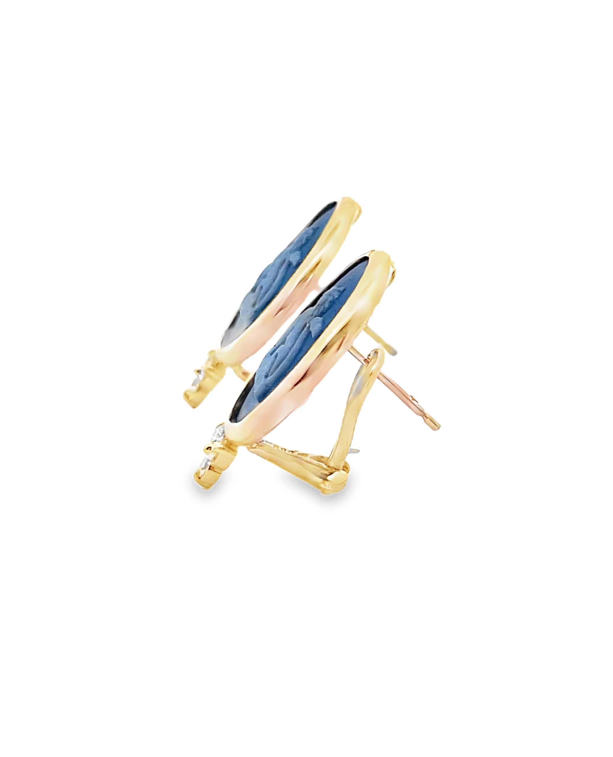 Lion Passant 14K Yellow Gold Medallion Earrings with Custom Bezel Set Blue Wedgwood Jasperware and Diamonds