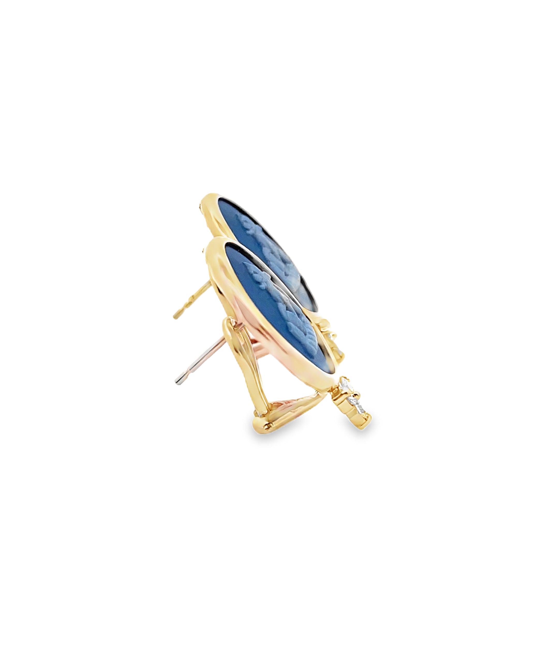 Lion Passant 14K Yellow Gold Medallion Earrings with Custom Bezel Set Blue Wedgwood Jasperware and Diamonds