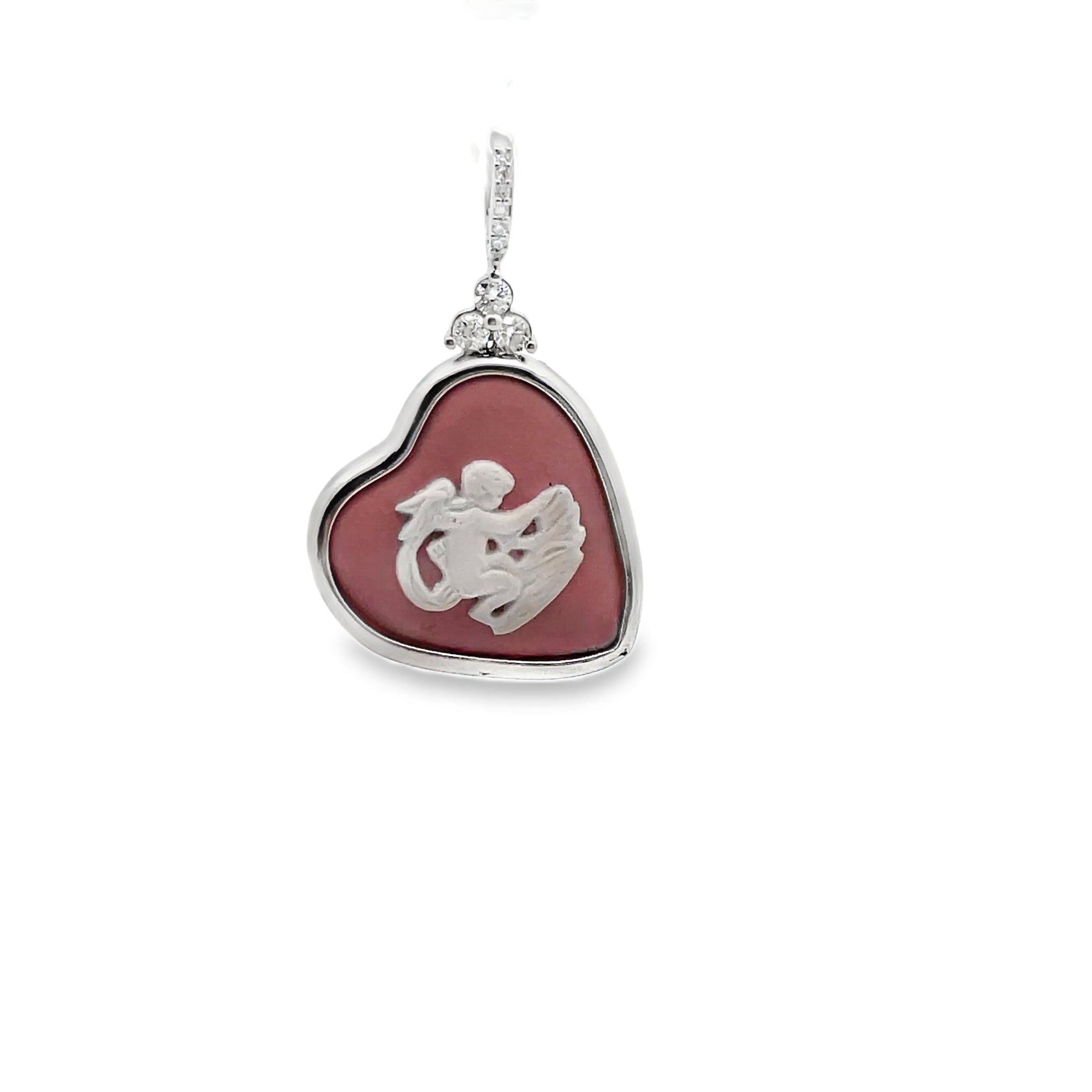 Cupid Vintage Wedgwood Heart Pendant in New 14k White Gold Setting and Necklace, Rosé Pink