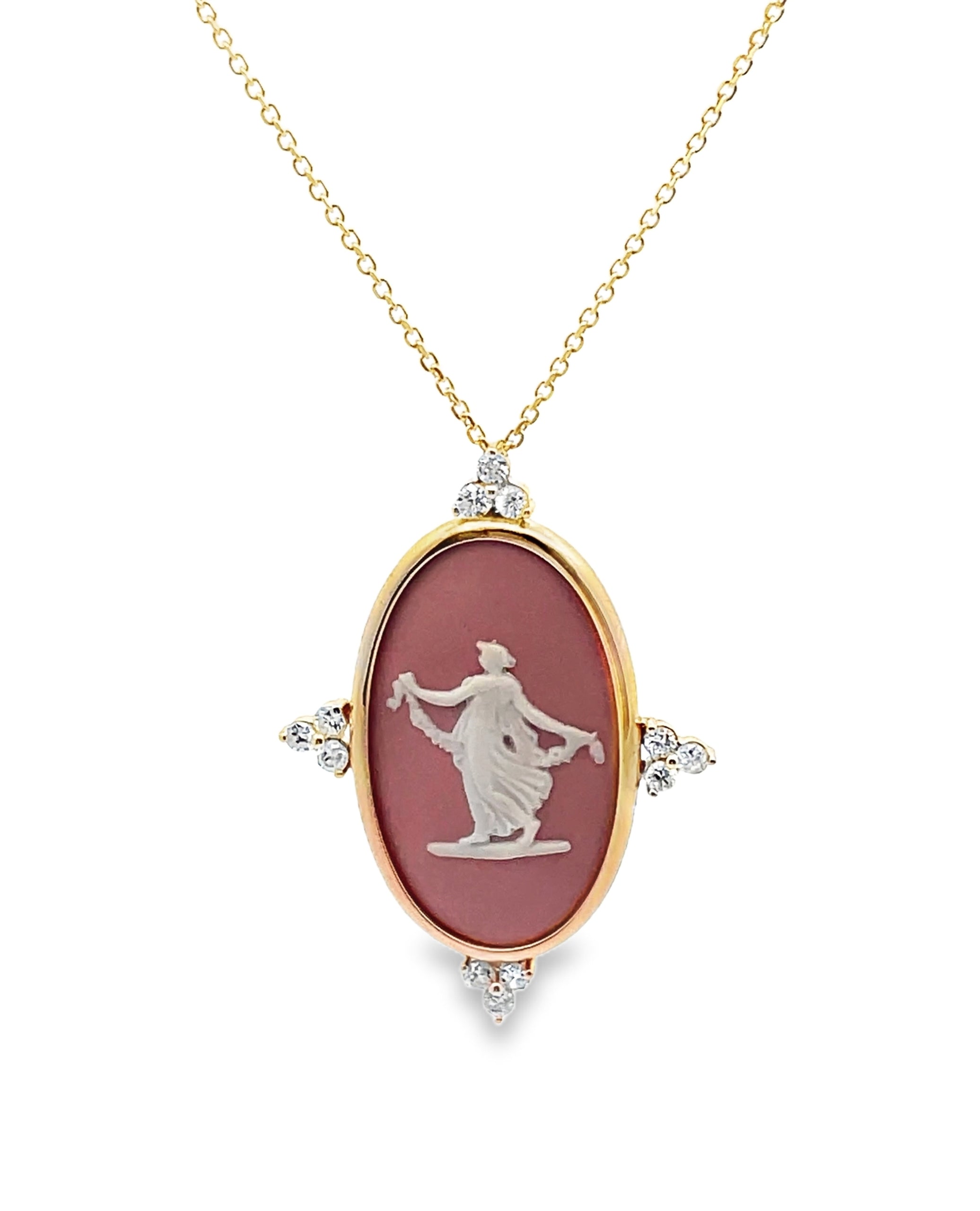 Hour of Joy 14K Yellow Gold Pendant Necklace with Custom Bezel Set Oval Rosé Pink Wedgwood Jasperware and Diamonds