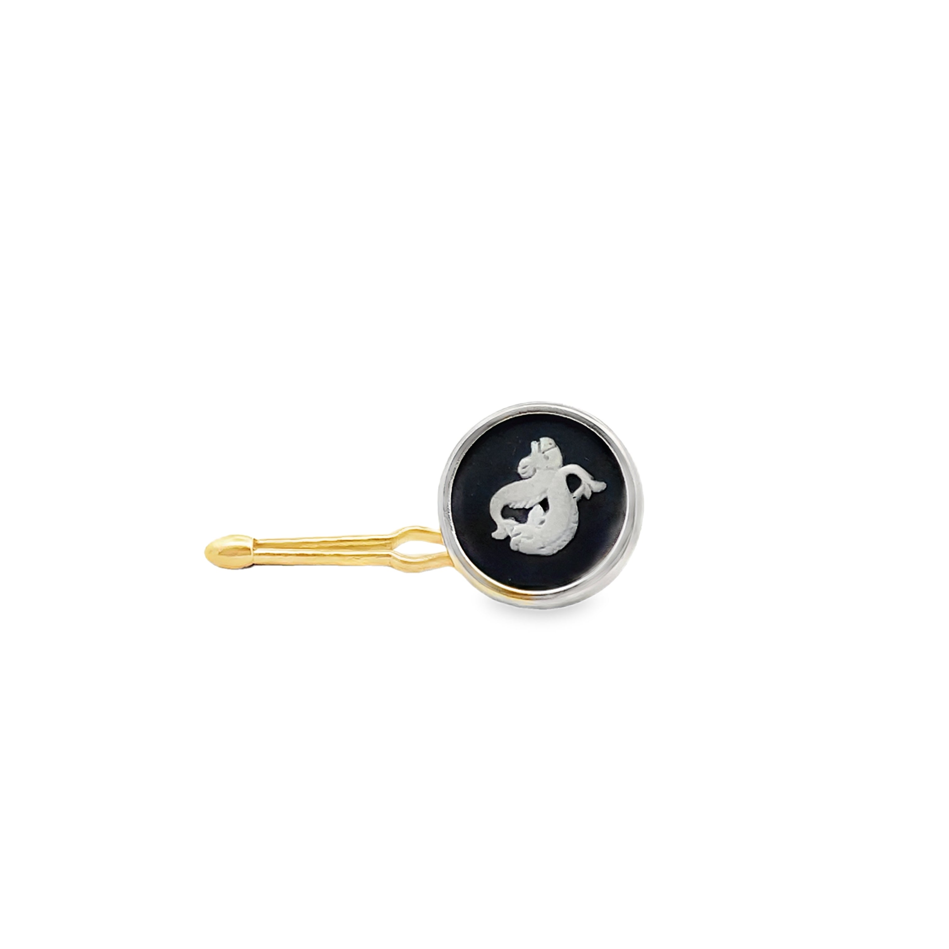 Dolphin Vintage Wedgwood Tuxedo Stud Buttons in New 14K Yellow and White Gold Settings, Black Basalt and White