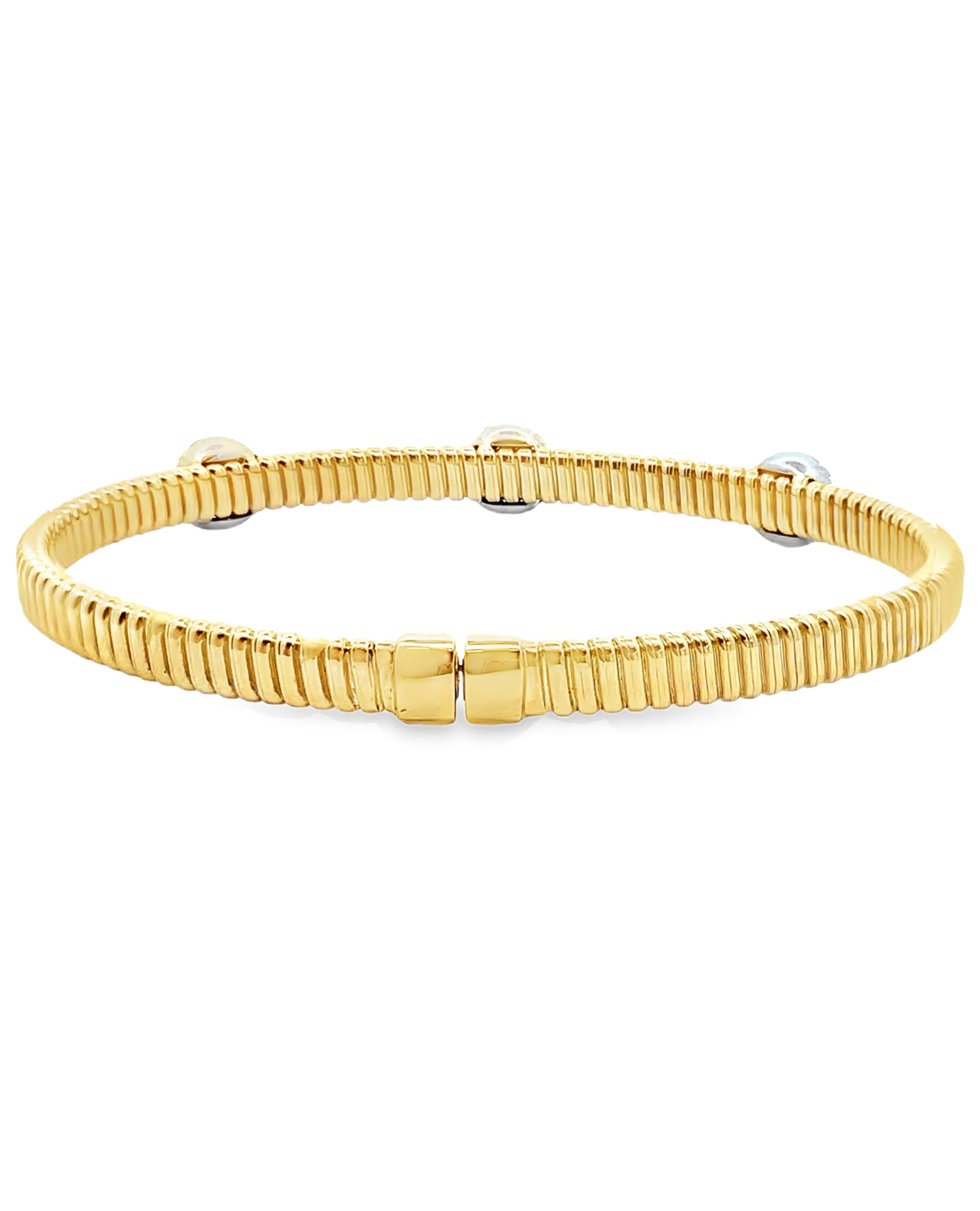 Simon G. LB2759 18K Two Tone Gold Bangle Bracelet with Three Circular Stations of Diamonds