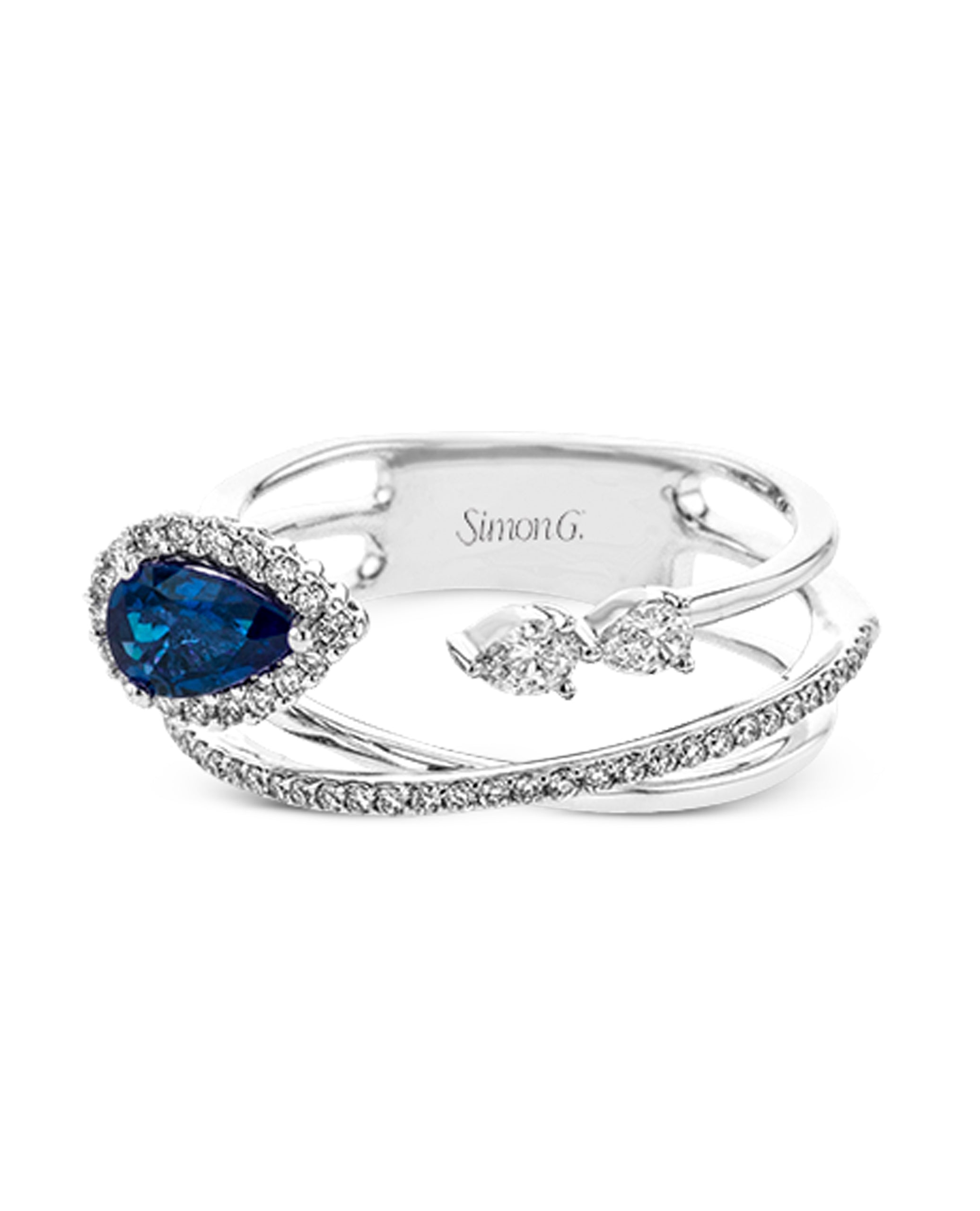 Simon G. Multi Row Diamond Halo 18K White Gold Ring with Pear Shaped Sapphire