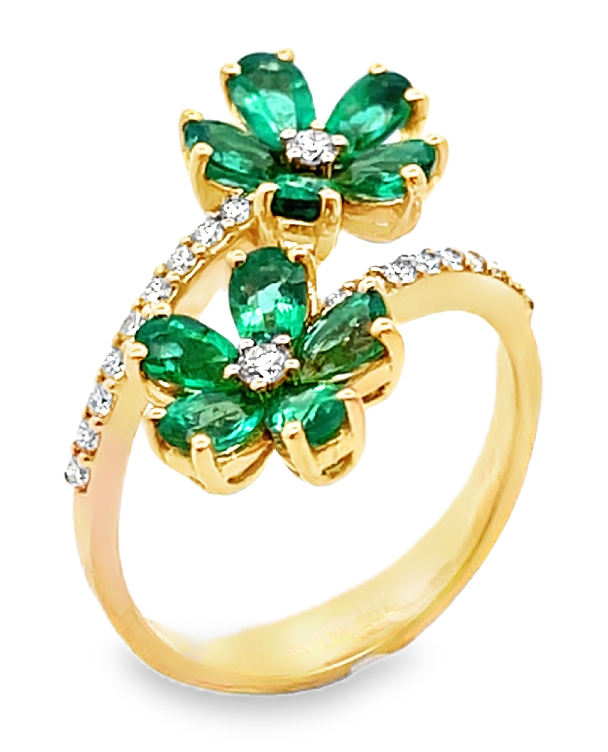 Simon G. LR4840 18K Yellow Gold Emerald Flower Bypass Ring