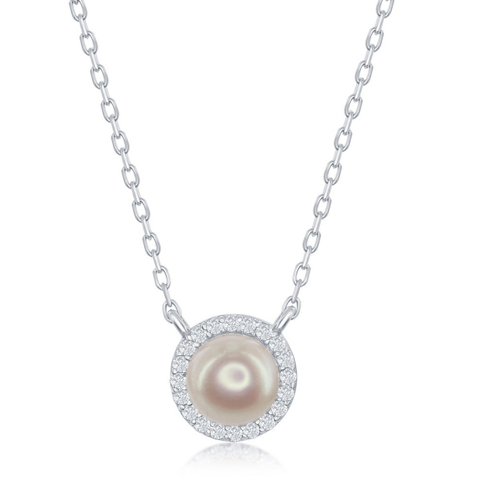 Sterling Silver Pearl with Cubic Zirconia Border