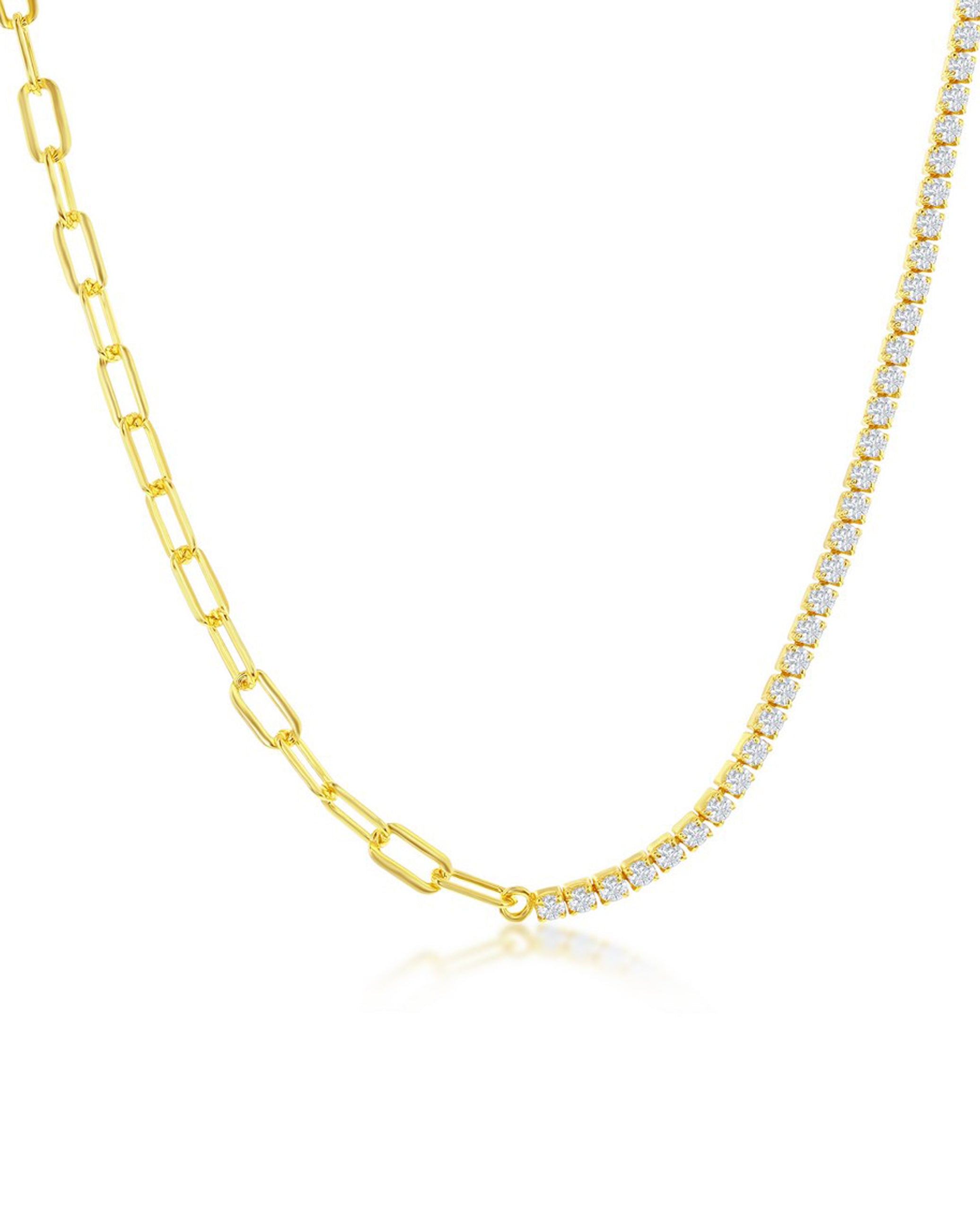 Sterling Silver Half Paperclip Half Tennis Necklace- Gold Plated